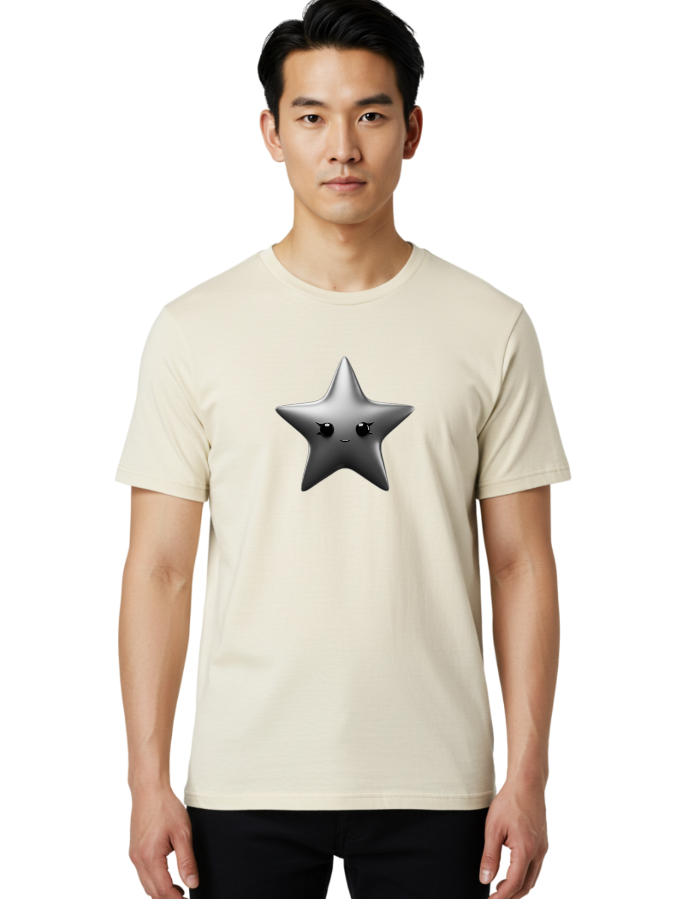 Grey-Star Men'S Graphic Tee, 100% Cotton, Comfortable Casual Summer Wear, Machine Washable, Cartoon Star, Silver Star, Cute Star, Feminine Face, Shiny, Glossy, Adorable, Charming, Whimsical, Fantasy Bad169