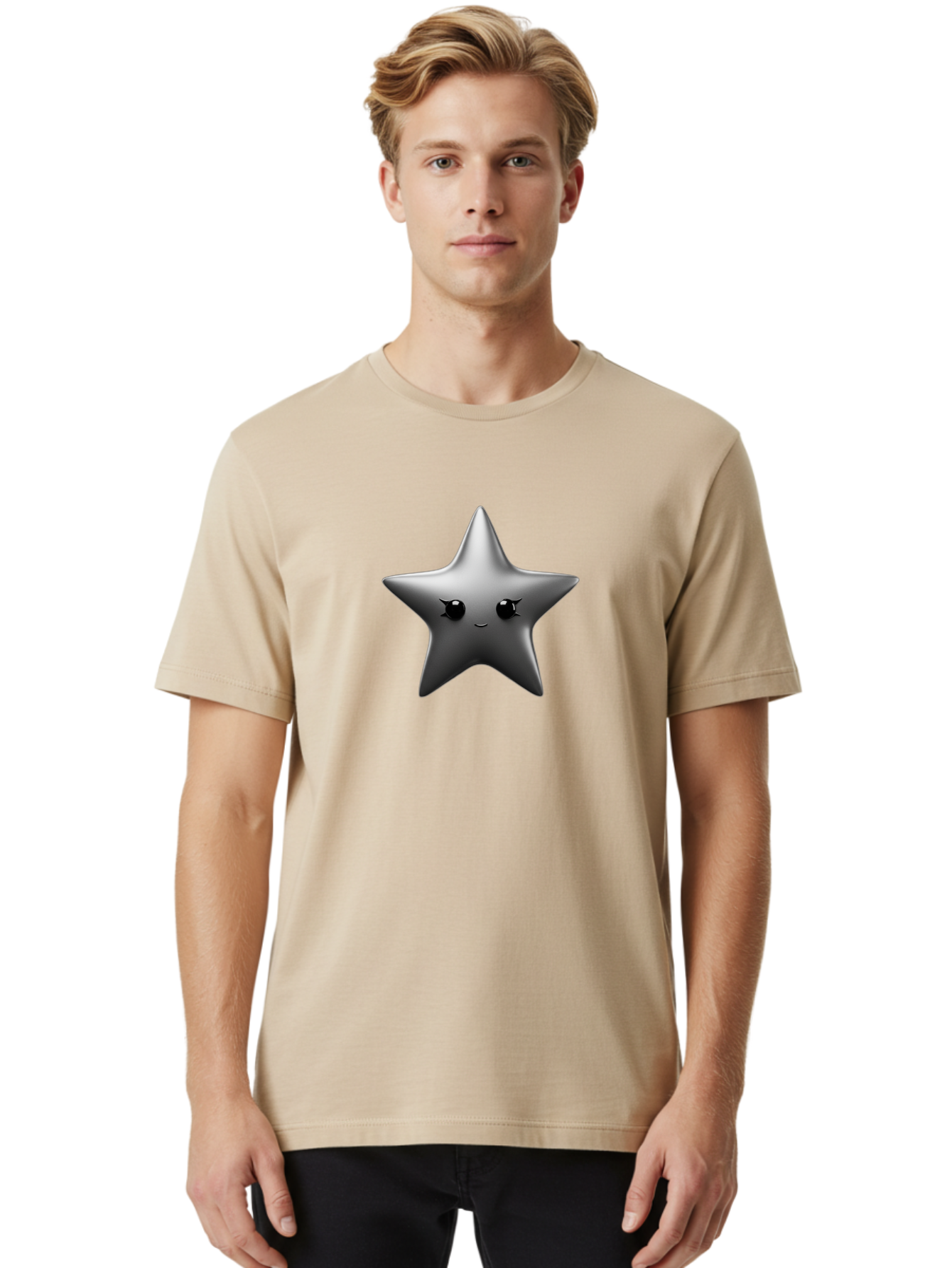 Grey-Star Men'S Graphic Tee, 100% Cotton, Comfortable Casual Summer Wear, Machine Washable, Cartoon Star, Silver Star, Cute Star, Feminine Face, Shiny, Glossy, Adorable, Charming, Whimsical, Fantasy Bad169