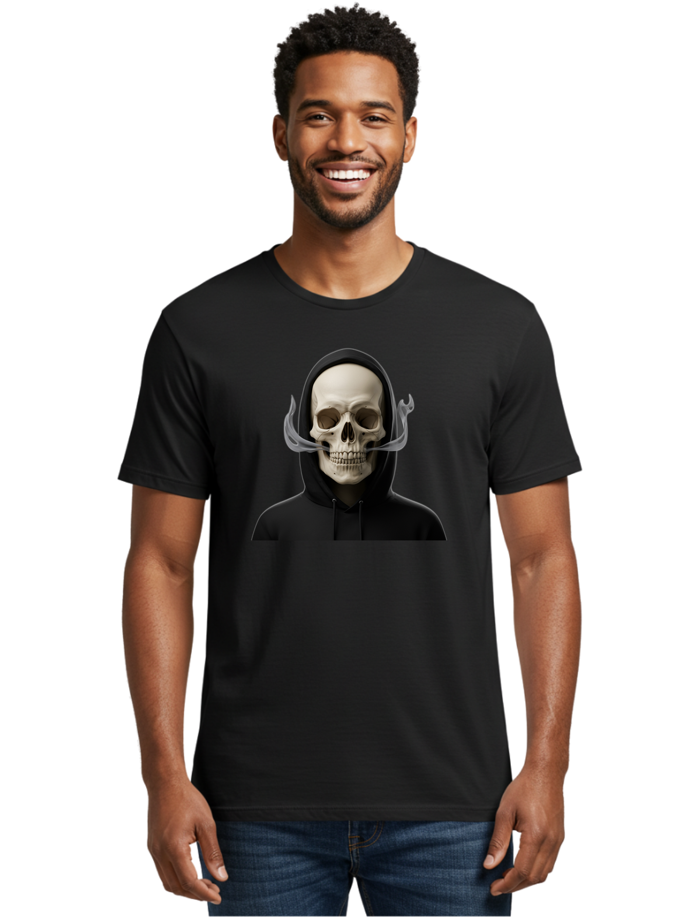 Grim-Reaper-Skull Men'S Graphic Tee, 100% Cotton, Comfortable Casual Summer Wear, Machine Washable, Skull Wearing Hoodie, Ghostly Figure, Surreal Art, Mystical Creature, Dark Fantasy, Eerie Atmosphere, Gothic Style, Mysterious Entity, Bad170