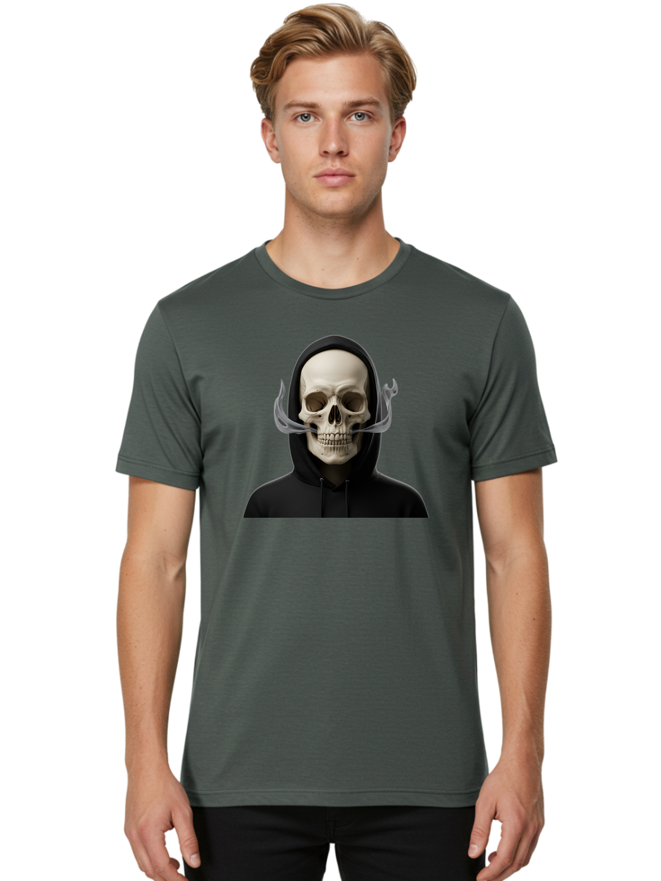 Grim-Reaper-Skull Men'S Graphic Tee, 100% Cotton, Comfortable Casual Summer Wear, Machine Washable, Skull Wearing Hoodie, Ghostly Figure, Surreal Art, Mystical Creature, Dark Fantasy, Eerie Atmosphere, Gothic Style, Mysterious Entity, Bad170