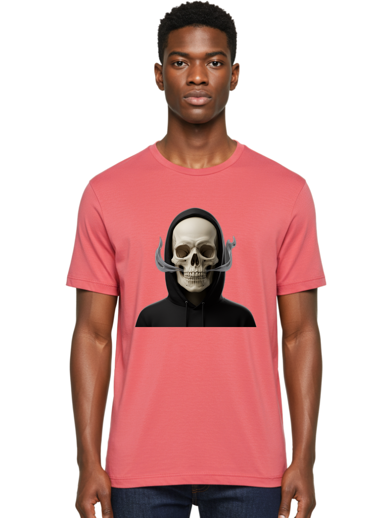 Grim-Reaper-Skull Men'S Graphic Tee, 100% Cotton, Comfortable Casual Summer Wear, Machine Washable, Skull Wearing Hoodie, Ghostly Figure, Surreal Art, Mystical Creature, Dark Fantasy, Eerie Atmosphere, Gothic Style, Mysterious Entity, Bad170