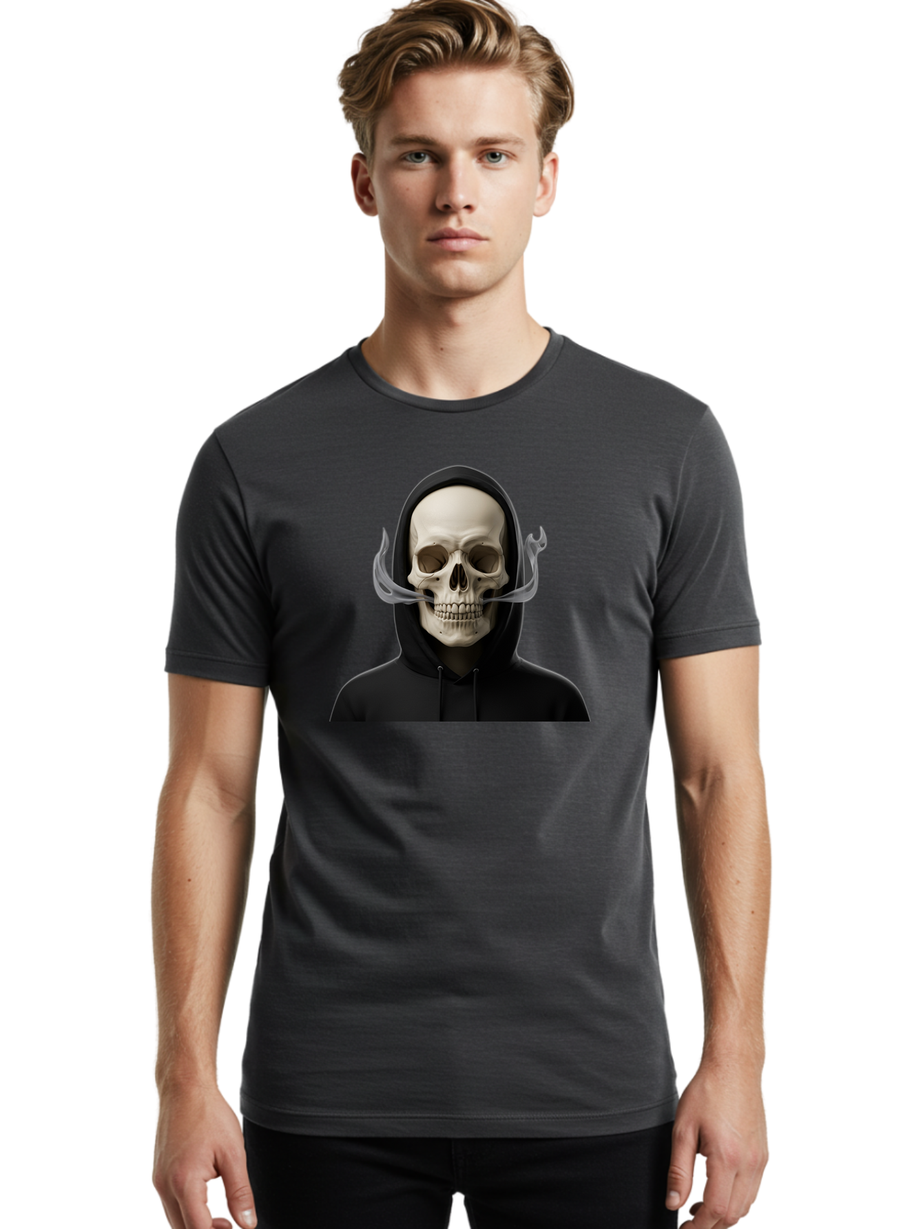 Grim-Reaper-Skull Men'S Graphic Tee, 100% Cotton, Comfortable Casual Summer Wear, Machine Washable, Skull Wearing Hoodie, Ghostly Figure, Surreal Art, Mystical Creature, Dark Fantasy, Eerie Atmosphere, Gothic Style, Mysterious Entity, Bad170