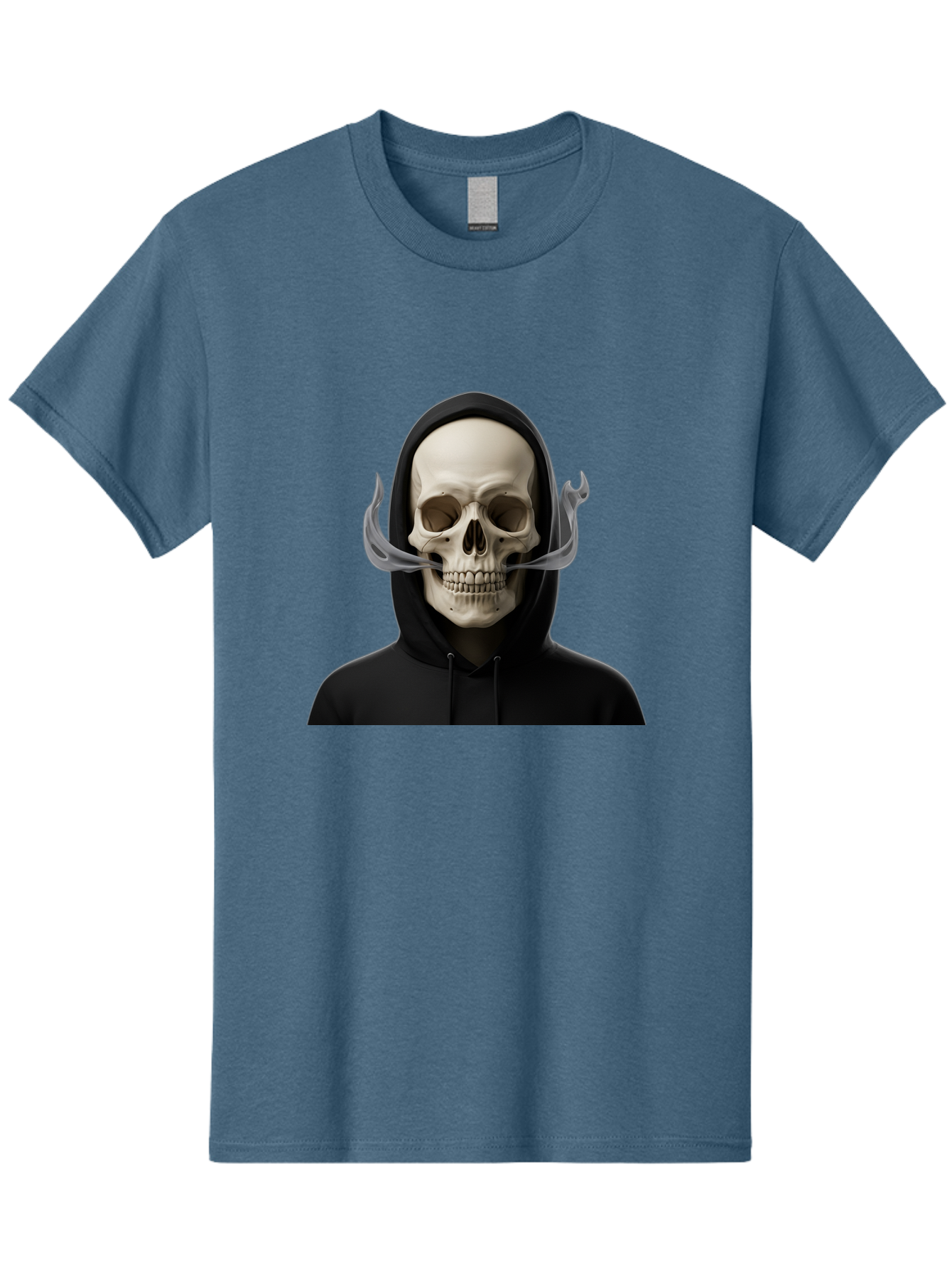 Grim-Reaper-Skull Men'S Graphic Tee, 100% Cotton, Comfortable Casual Summer Wear, Machine Washable, Skull Wearing Hoodie, Ghostly Figure, Surreal Art, Mystical Creature, Dark Fantasy, Eerie Atmosphere, Gothic Style, Mysterious Entity, Bad170