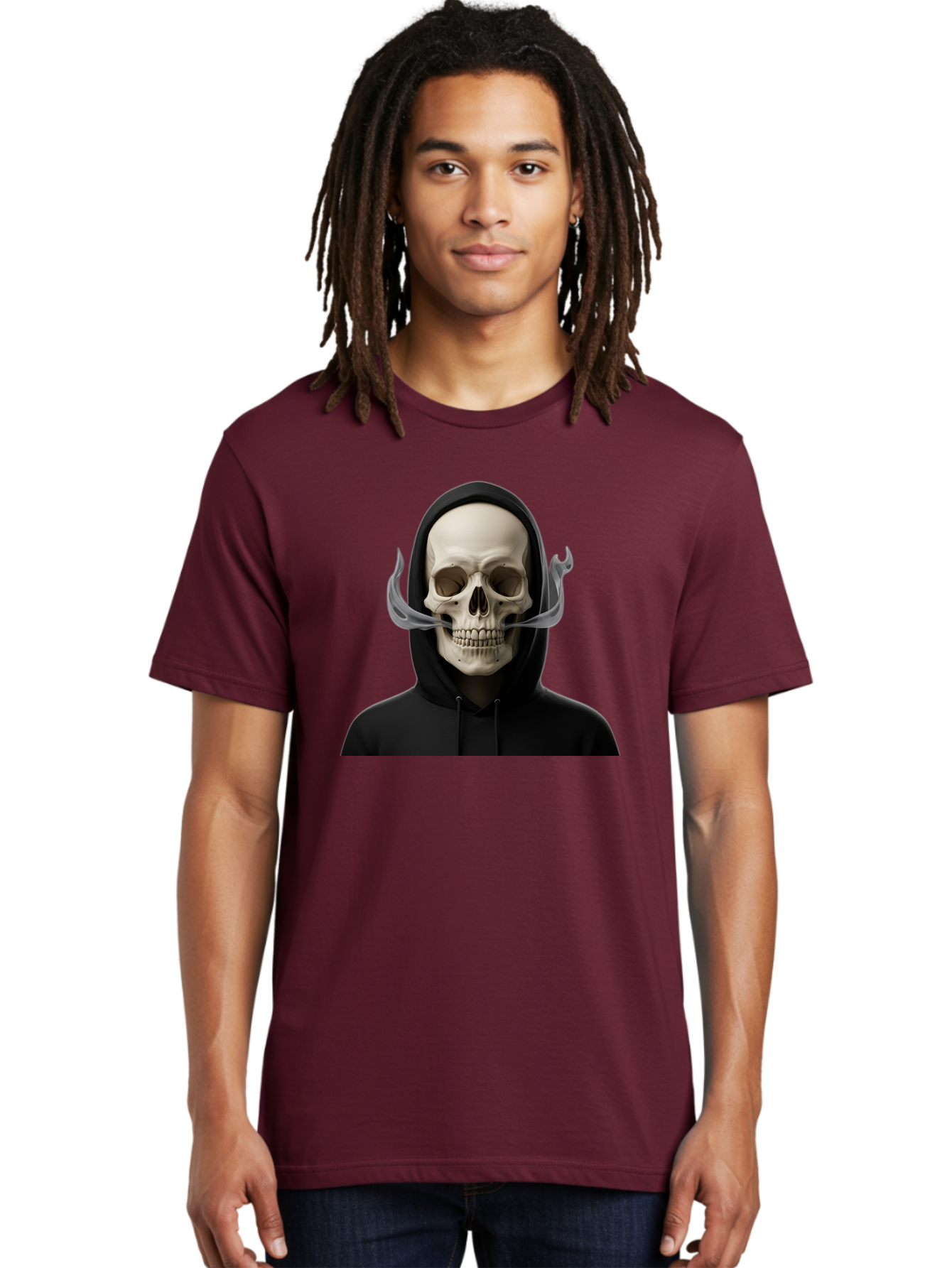 Grim-Reaper-Skull Men'S Graphic Tee, 100% Cotton, Comfortable Casual Summer Wear, Machine Washable, Skull Wearing Hoodie, Ghostly Figure, Surreal Art, Mystical Creature, Dark Fantasy, Eerie Atmosphere, Gothic Style, Mysterious Entity, Bad170