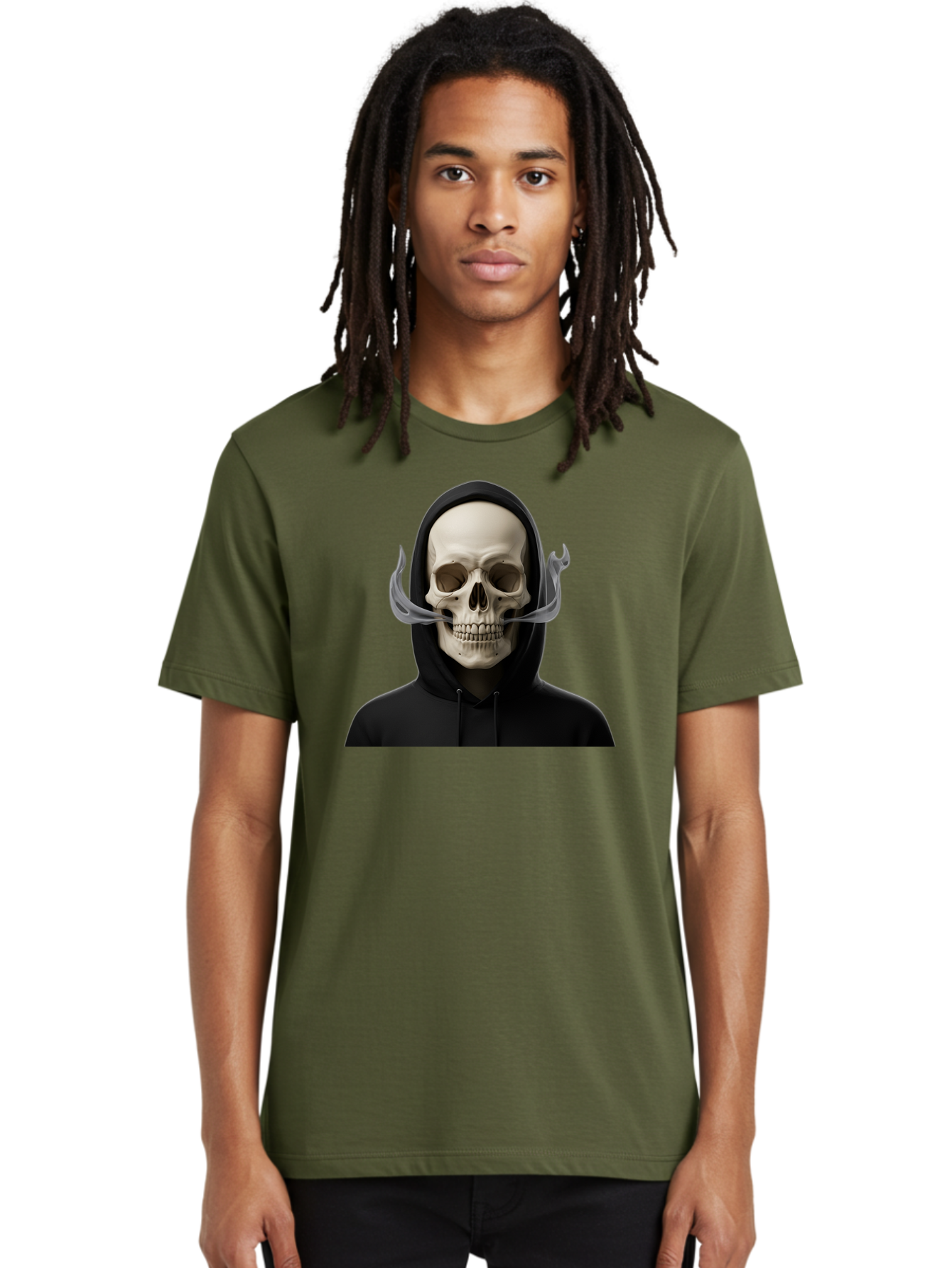 Grim-Reaper-Skull Men'S Graphic Tee, 100% Cotton, Comfortable Casual Summer Wear, Machine Washable, Skull Wearing Hoodie, Ghostly Figure, Surreal Art, Mystical Creature, Dark Fantasy, Eerie Atmosphere, Gothic Style, Mysterious Entity, Bad170