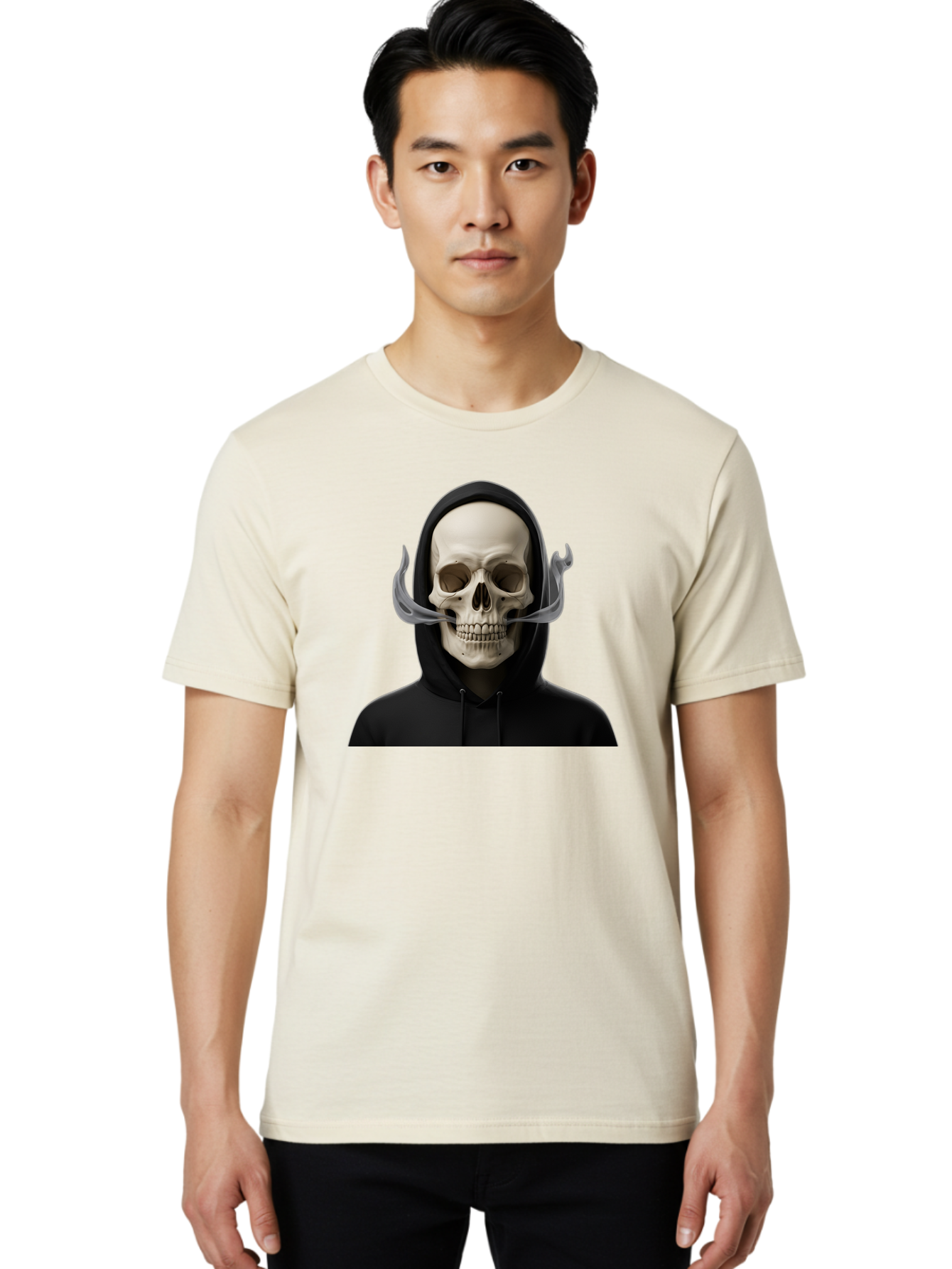 Grim-Reaper-Skull Men'S Graphic Tee, 100% Cotton, Comfortable Casual Summer Wear, Machine Washable, Skull Wearing Hoodie, Ghostly Figure, Surreal Art, Mystical Creature, Dark Fantasy, Eerie Atmosphere, Gothic Style, Mysterious Entity, Bad170