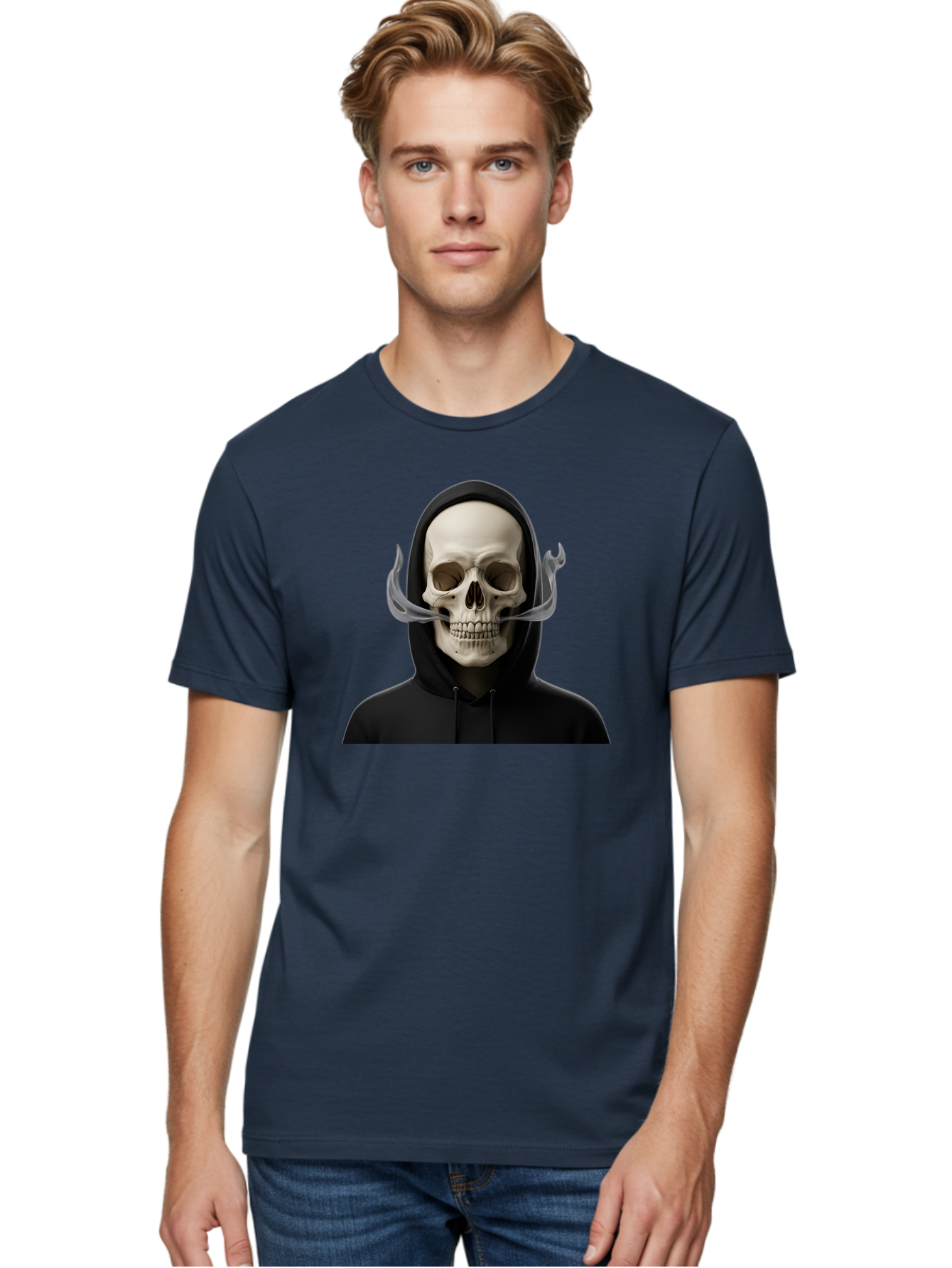 Grim-Reaper-Skull Men'S Graphic Tee, 100% Cotton, Comfortable Casual Summer Wear, Machine Washable, Skull Wearing Hoodie, Ghostly Figure, Surreal Art, Mystical Creature, Dark Fantasy, Eerie Atmosphere, Gothic Style, Mysterious Entity, Bad170