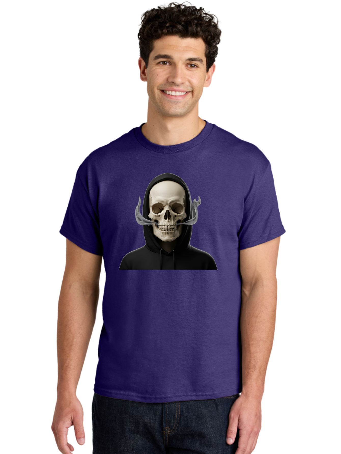 Grim-Reaper-Skull Men'S Graphic Tee, 100% Cotton, Comfortable Casual Summer Wear, Machine Washable, Skull Wearing Hoodie, Ghostly Figure, Surreal Art, Mystical Creature, Dark Fantasy, Eerie Atmosphere, Gothic Style, Mysterious Entity, Bad170