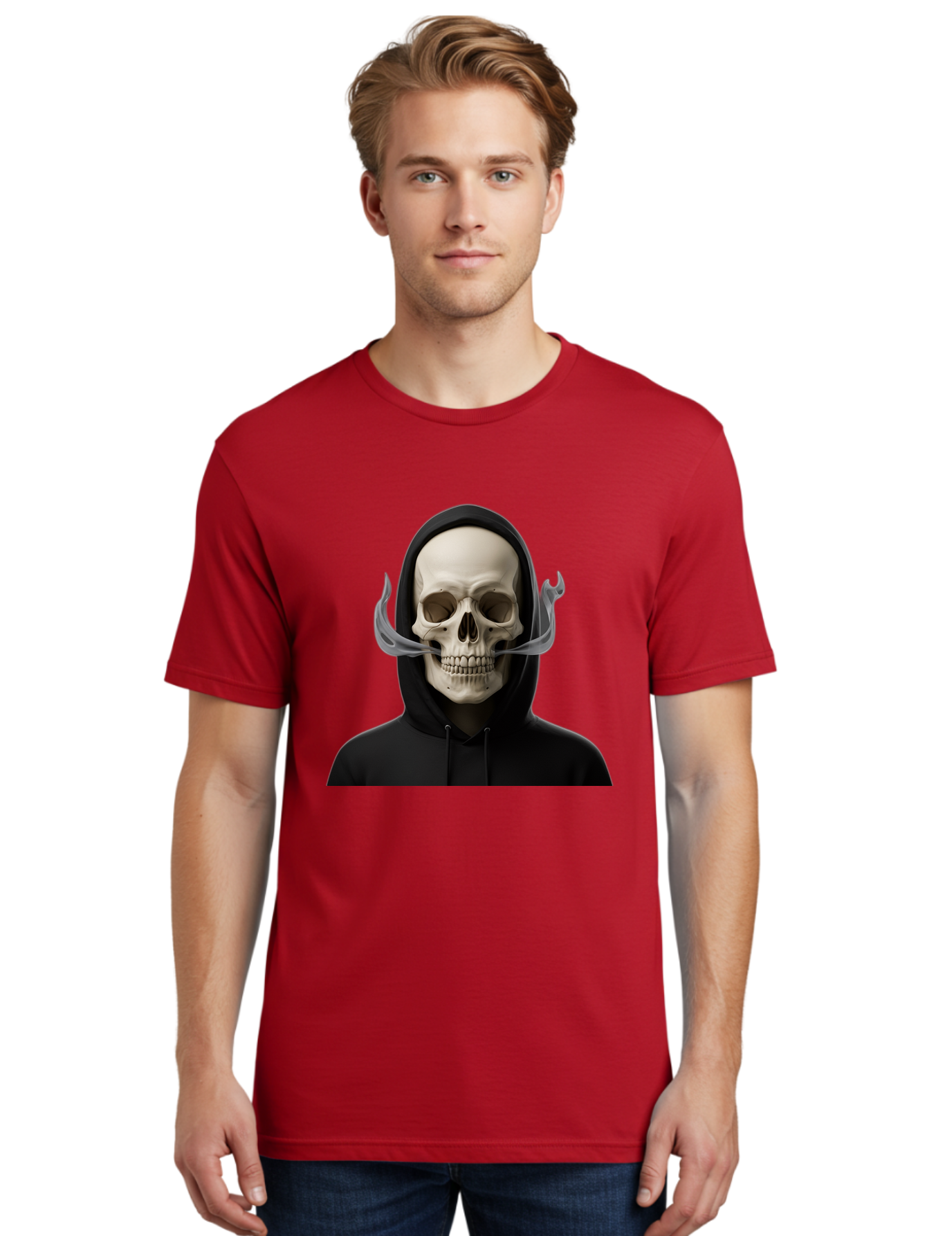 Grim-Reaper-Skull Men'S Graphic Tee, 100% Cotton, Comfortable Casual Summer Wear, Machine Washable, Skull Wearing Hoodie, Ghostly Figure, Surreal Art, Mystical Creature, Dark Fantasy, Eerie Atmosphere, Gothic Style, Mysterious Entity, Bad170