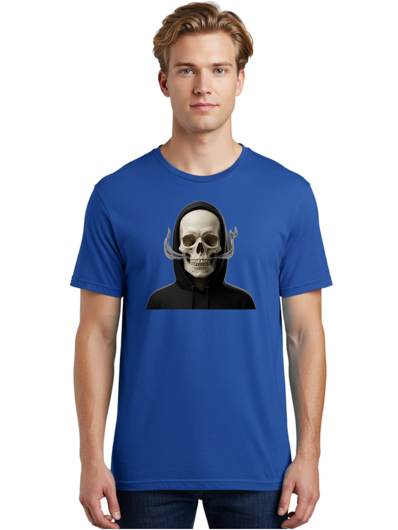Grim-Reaper-Skull Men'S Graphic Tee, 100% Cotton, Comfortable Casual Summer Wear, Machine Washable, Skull Wearing Hoodie, Ghostly Figure, Surreal Art, Mystical Creature, Dark Fantasy, Eerie Atmosphere, Gothic Style, Mysterious Entity, Bad170
