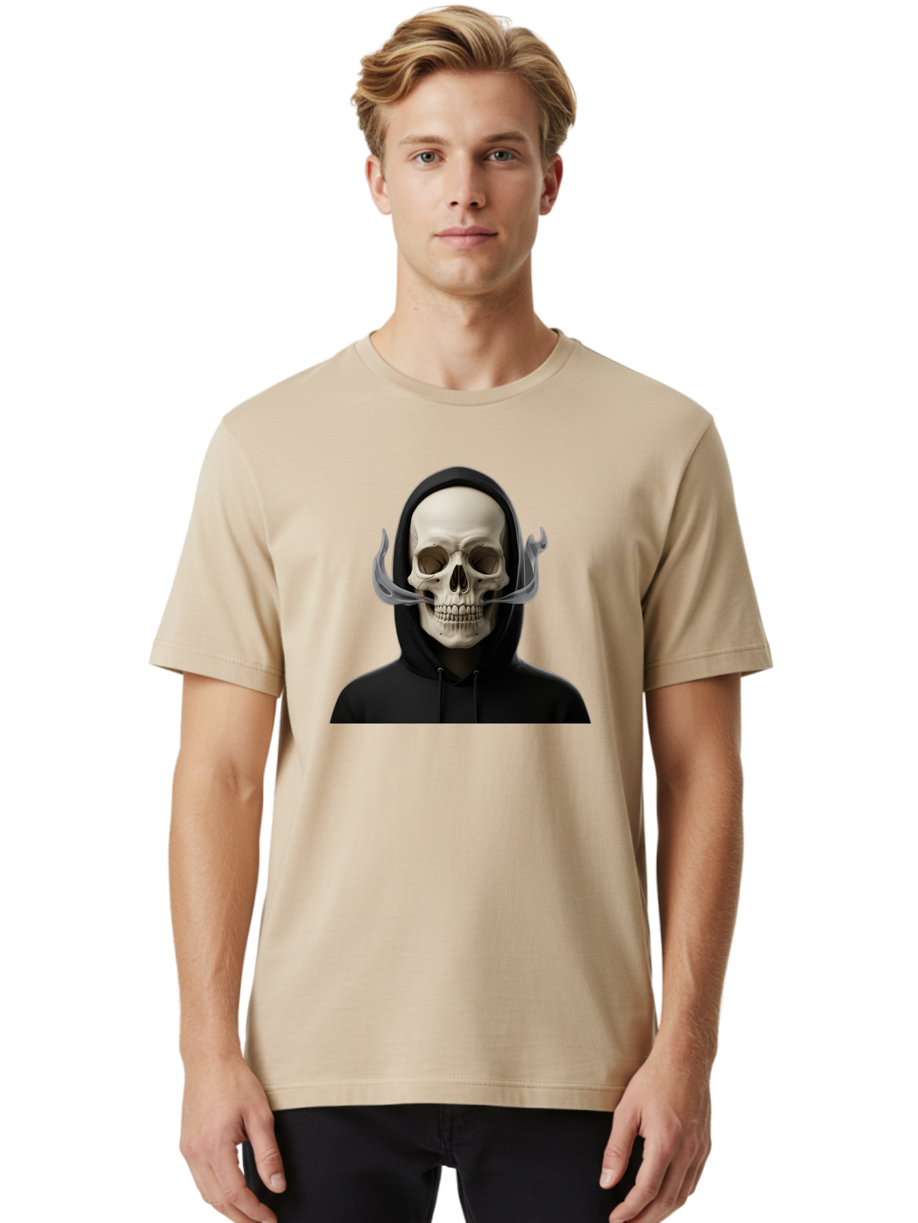 Grim-Reaper-Skull Men'S Graphic Tee, 100% Cotton, Comfortable Casual Summer Wear, Machine Washable, Skull Wearing Hoodie, Ghostly Figure, Surreal Art, Mystical Creature, Dark Fantasy, Eerie Atmosphere, Gothic Style, Mysterious Entity, Bad170