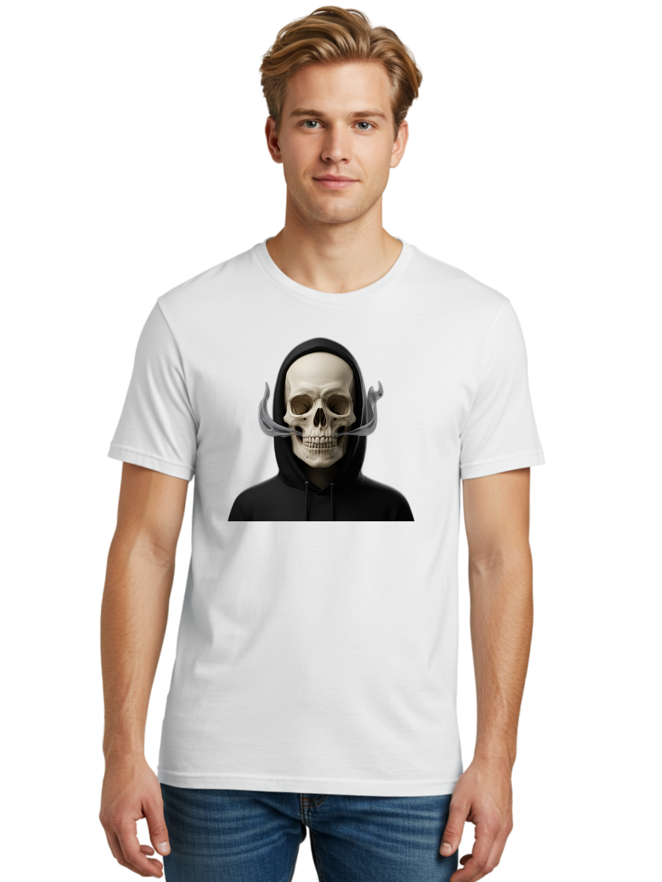 Grim-Reaper-Skull Men'S Graphic Tee, 100% Cotton, Comfortable Casual Summer Wear, Machine Washable, Skull Wearing Hoodie, Ghostly Figure, Surreal Art, Mystical Creature, Dark Fantasy, Eerie Atmosphere, Gothic Style, Mysterious Entity, Bad170
