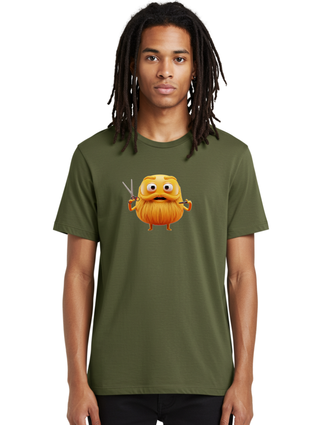 Grooming-Character Men'S Graphic Tee, 100% Cotton, Comfortable Casual Summer Wear, Machine Washable, Anthropomorphic Bread, Cartoon Character, Grooming, Scissors, Comb, Funny, Quirky, Humorous, Cartoon Style, Bread Character, Mustache, Beard Bad171