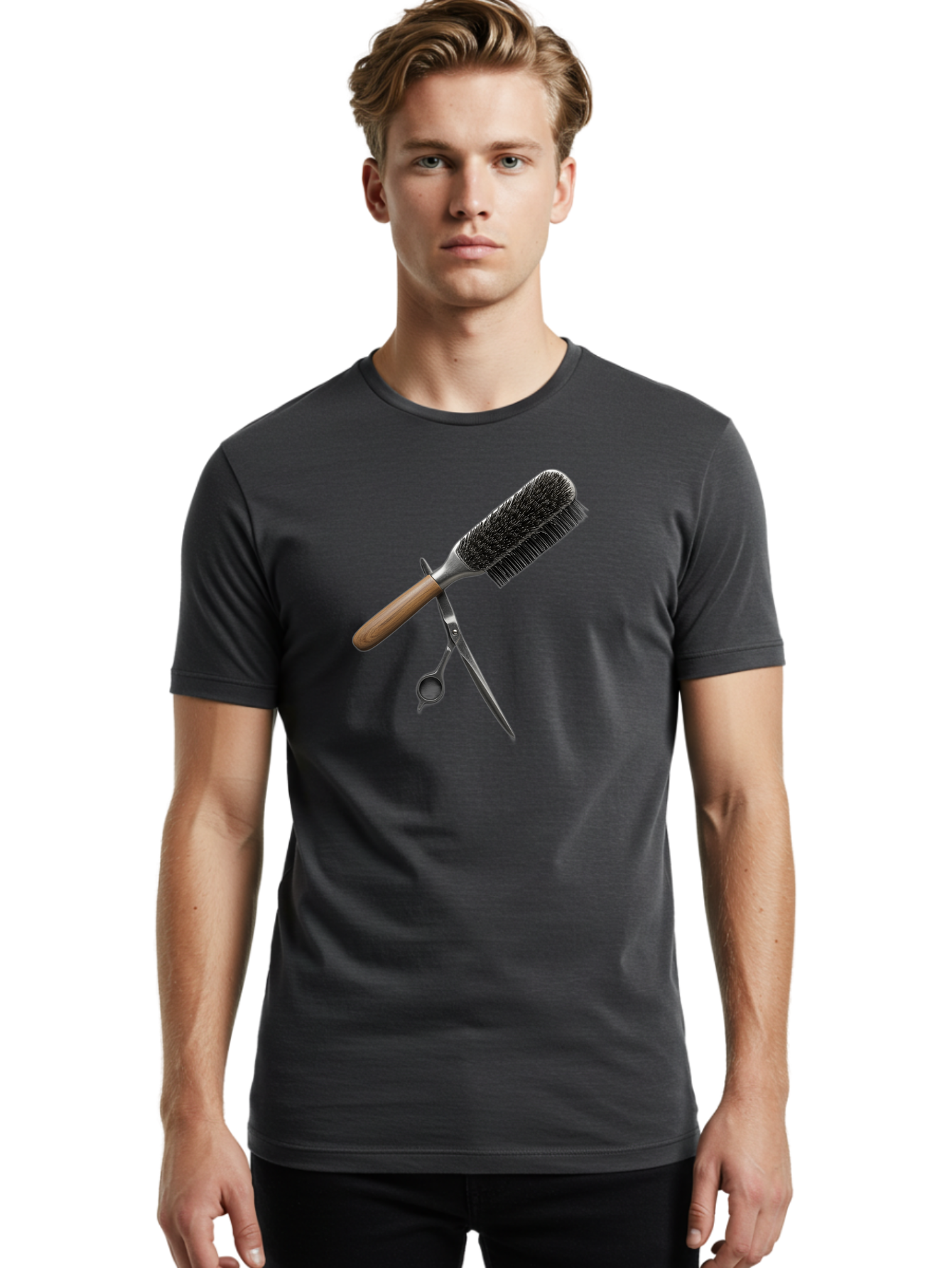 Hairbrush-And-Scissors Men'S Graphic Tee, 100% Cotton, Comfortable Casual Summer Wear, Machine Washable, Hair Cutting Tools, Hair Care, Styling Equipment, Salon Essentials, Grooming Accessories, Round Brush, Scissors Bad175