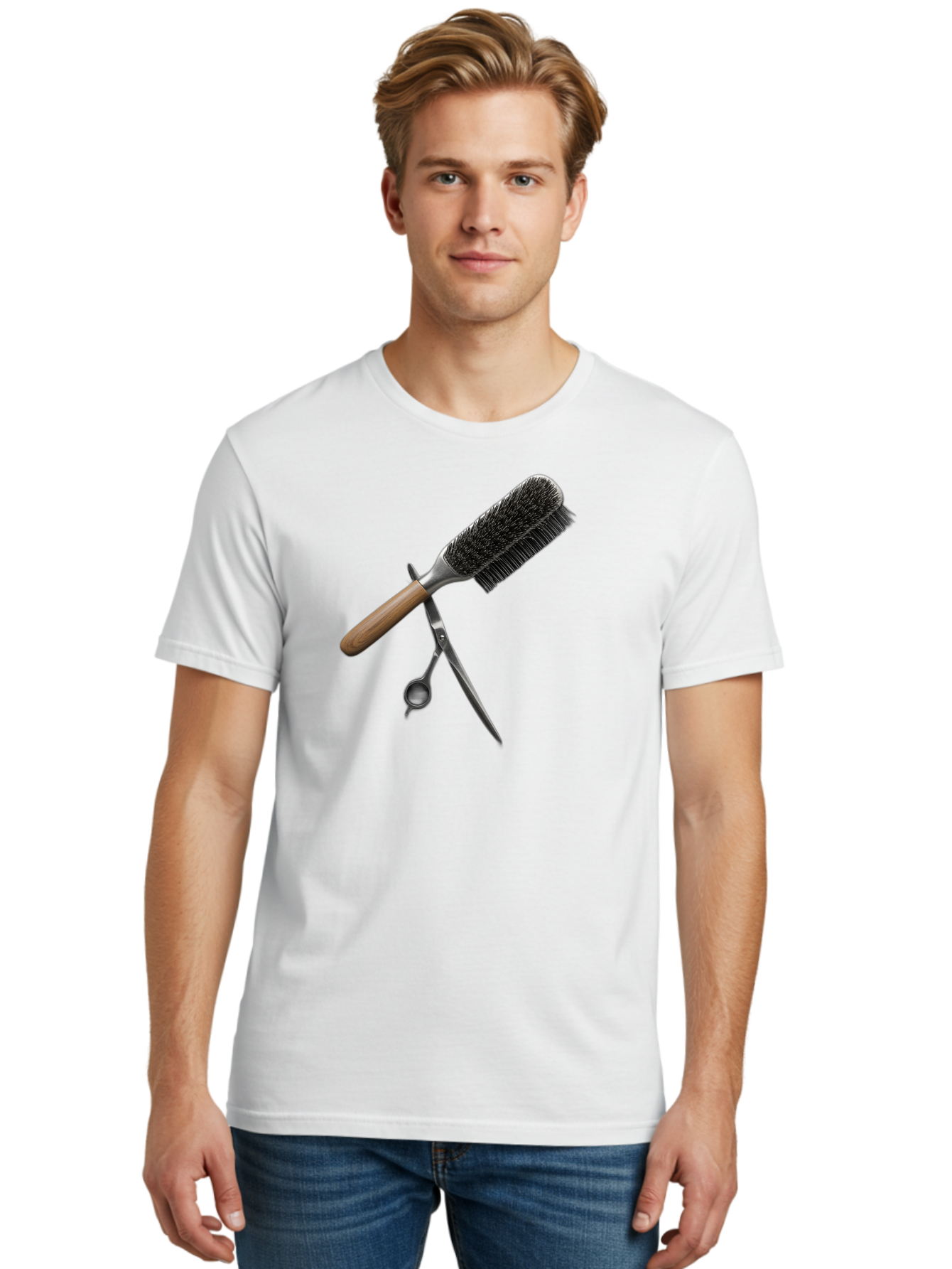 Hairbrush-And-Scissors Men'S Graphic Tee, 100% Cotton, Comfortable Casual Summer Wear, Machine Washable, Hair Cutting Tools, Hair Care, Styling Equipment, Salon Essentials, Grooming Accessories, Round Brush, Scissors Bad175