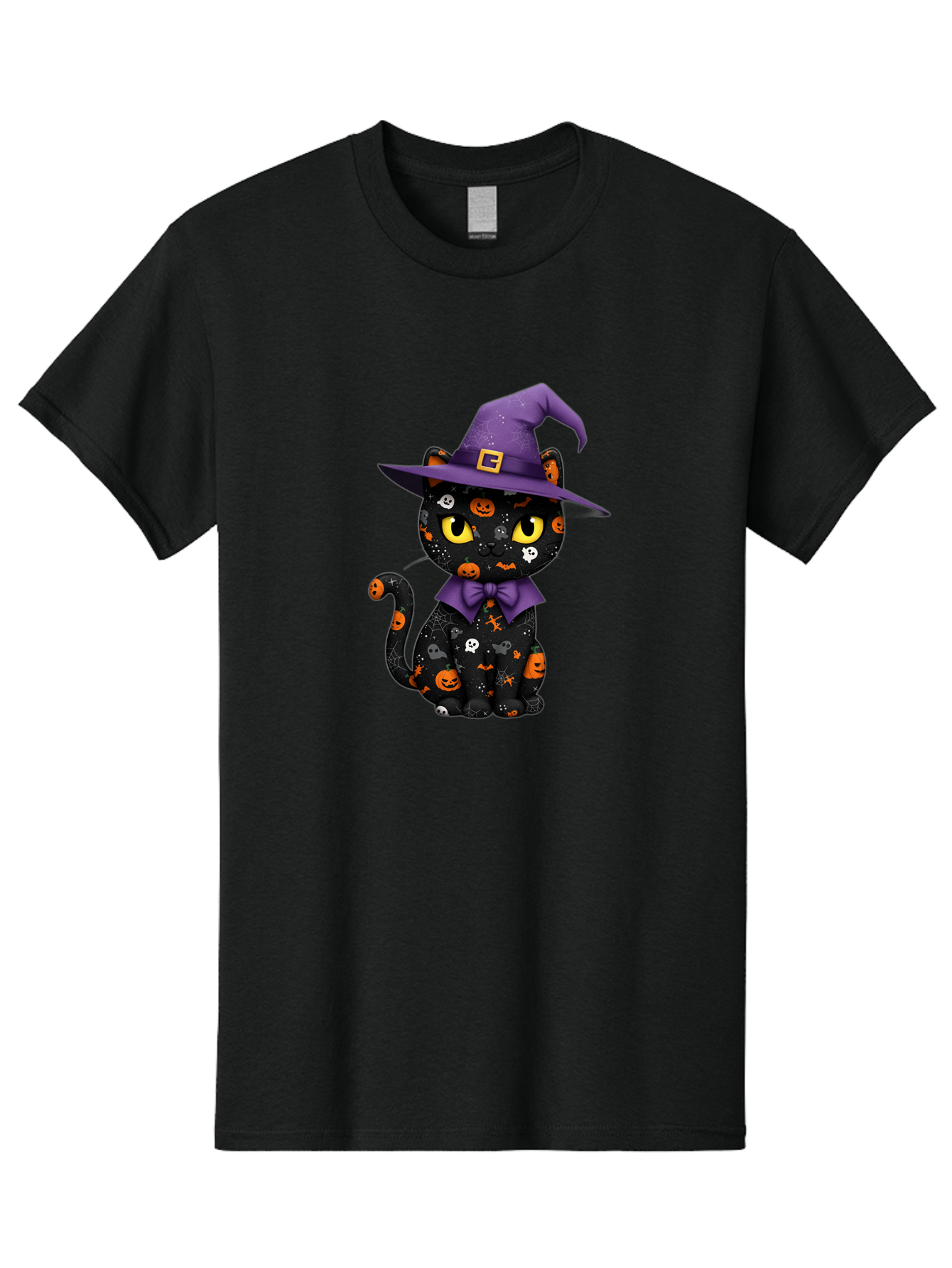Halloween-Cat Men'S Graphic Tee, 100% Cotton, Comfortable Casual Summer Wear, Machine Washable, Black Cat With Halloween Design, Witch Hat, Purple Bow Tie, Halloween Decorations, Jack-O-Lanterns, Spooky Atmosphere, Halloween Theme, Bad176