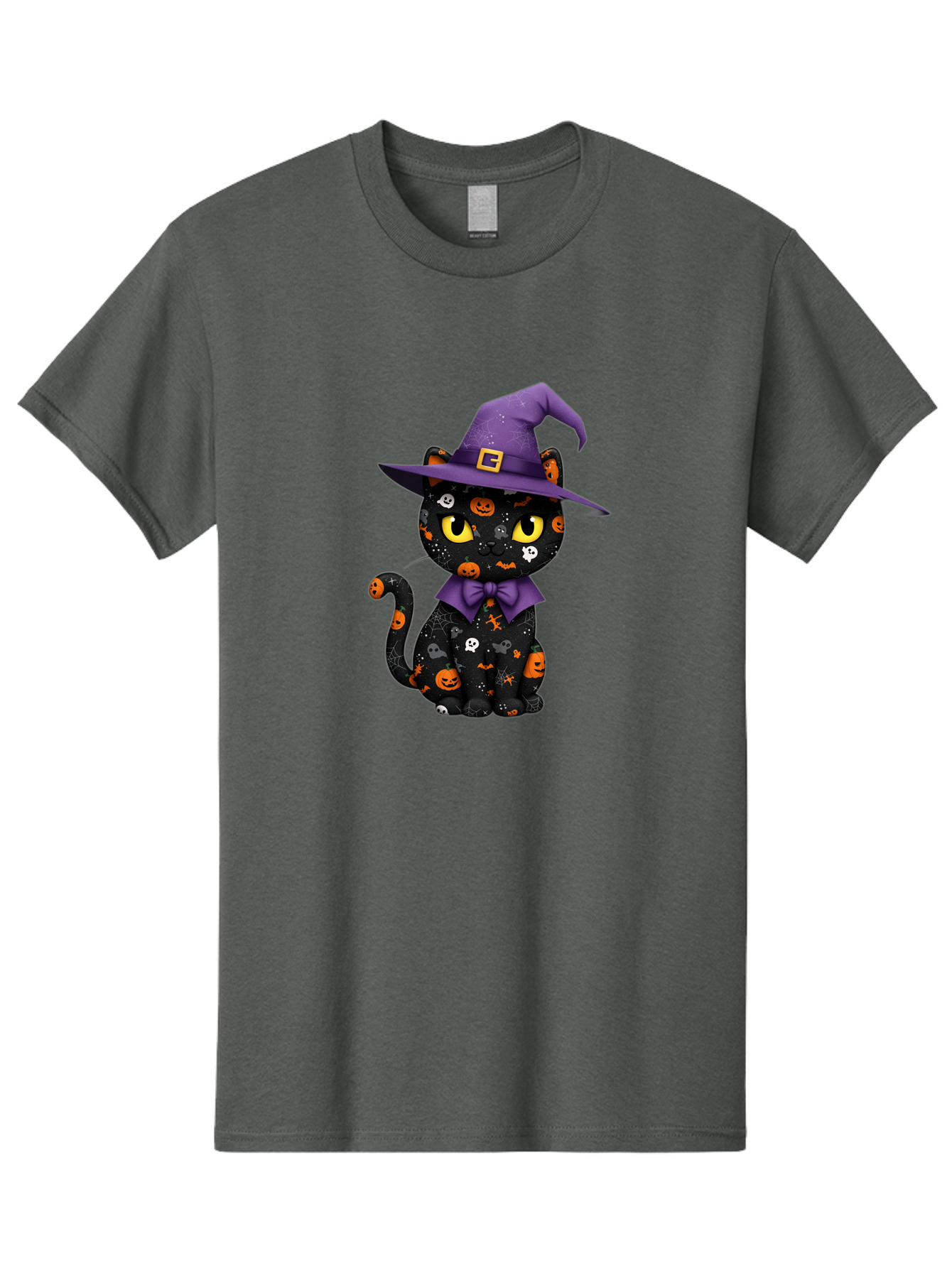 Halloween-Cat Men'S Graphic Tee, 100% Cotton, Comfortable Casual Summer Wear, Machine Washable, Black Cat With Halloween Design, Witch Hat, Purple Bow Tie, Halloween Decorations, Jack-O-Lanterns, Spooky Atmosphere, Halloween Theme, Bad176