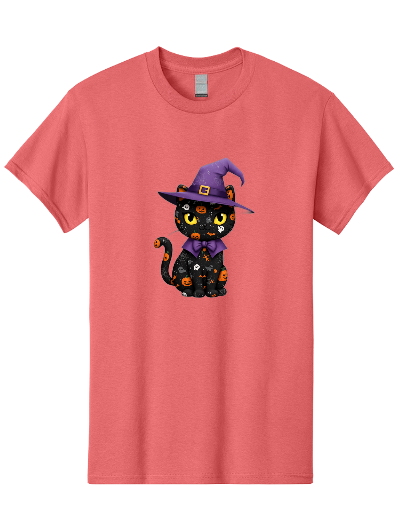 Halloween-Cat Men'S Graphic Tee, 100% Cotton, Comfortable Casual Summer Wear, Machine Washable, Black Cat With Halloween Design, Witch Hat, Purple Bow Tie, Halloween Decorations, Jack-O-Lanterns, Spooky Atmosphere, Halloween Theme, Bad176