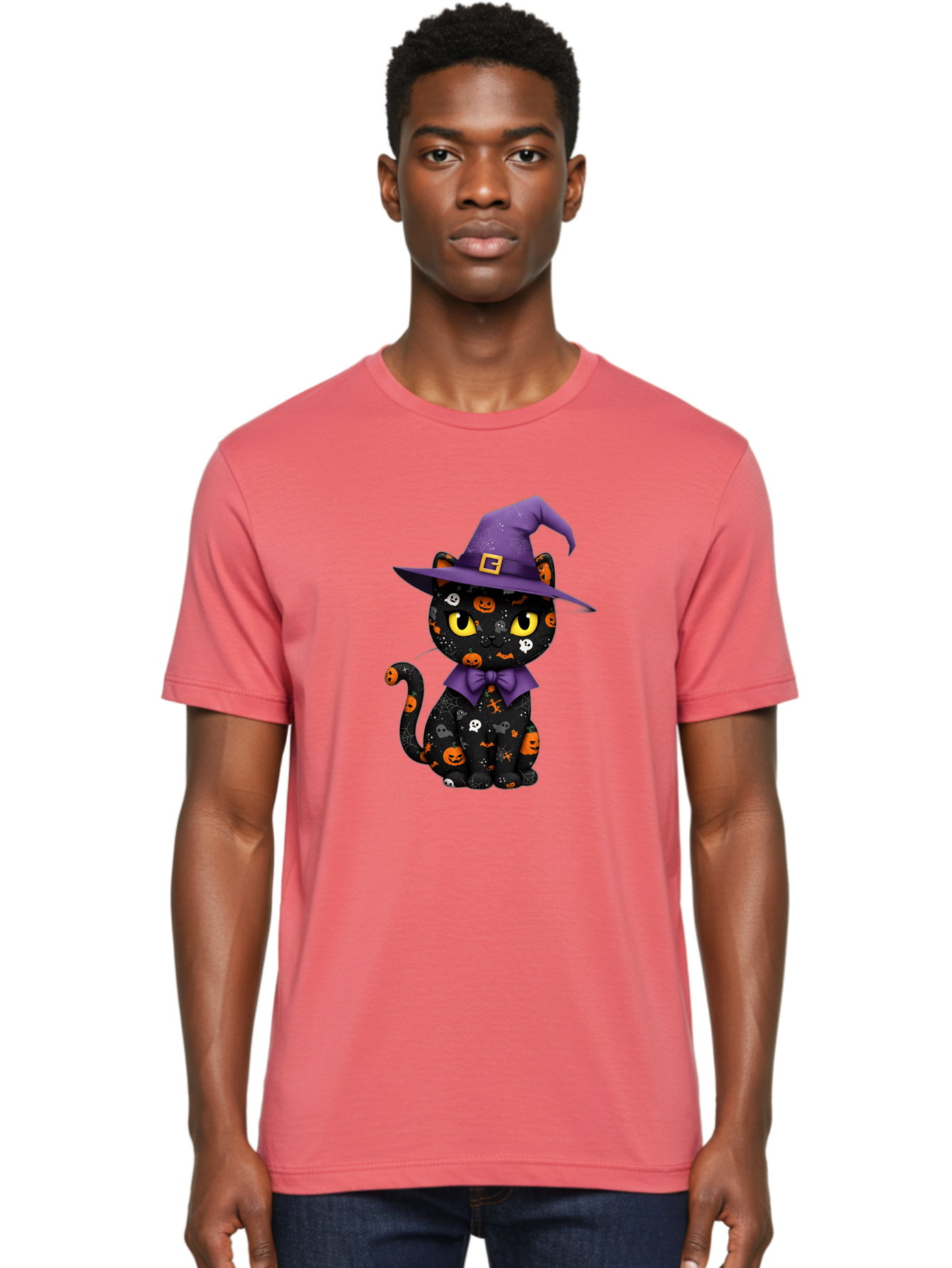 Halloween-Cat Men'S Graphic Tee, 100% Cotton, Comfortable Casual Summer Wear, Machine Washable, Black Cat With Halloween Design, Witch Hat, Purple Bow Tie, Halloween Decorations, Jack-O-Lanterns, Spooky Atmosphere, Halloween Theme, Bad176