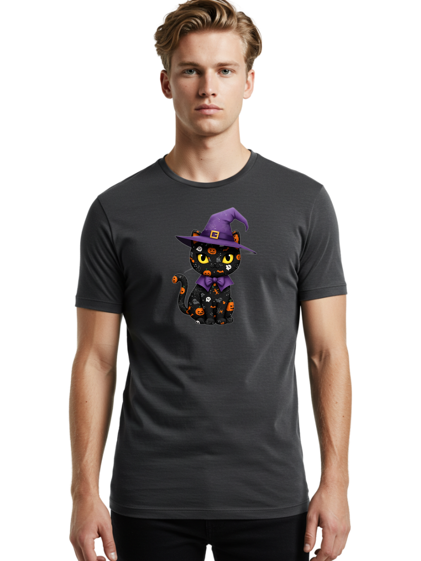 Halloween-Cat Men'S Graphic Tee, 100% Cotton, Comfortable Casual Summer Wear, Machine Washable, Black Cat With Halloween Design, Witch Hat, Purple Bow Tie, Halloween Decorations, Jack-O-Lanterns, Spooky Atmosphere, Halloween Theme, Bad176