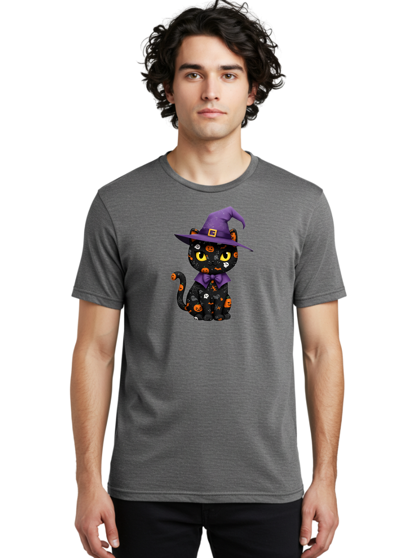 Halloween-Cat Men'S Graphic Tee, 100% Cotton, Comfortable Casual Summer Wear, Machine Washable, Black Cat With Halloween Design, Witch Hat, Purple Bow Tie, Halloween Decorations, Jack-O-Lanterns, Spooky Atmosphere, Halloween Theme, Bad176