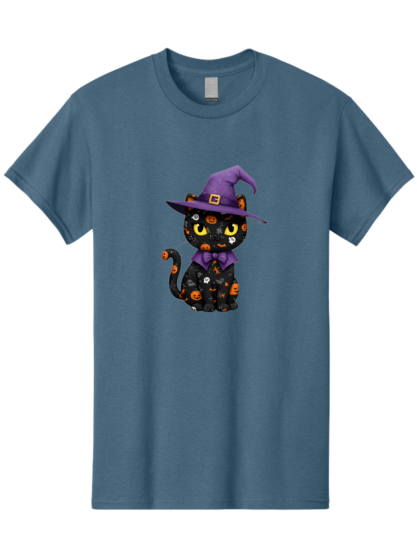 Halloween-Cat Men'S Graphic Tee, 100% Cotton, Comfortable Casual Summer Wear, Machine Washable, Black Cat With Halloween Design, Witch Hat, Purple Bow Tie, Halloween Decorations, Jack-O-Lanterns, Spooky Atmosphere, Halloween Theme, Bad176