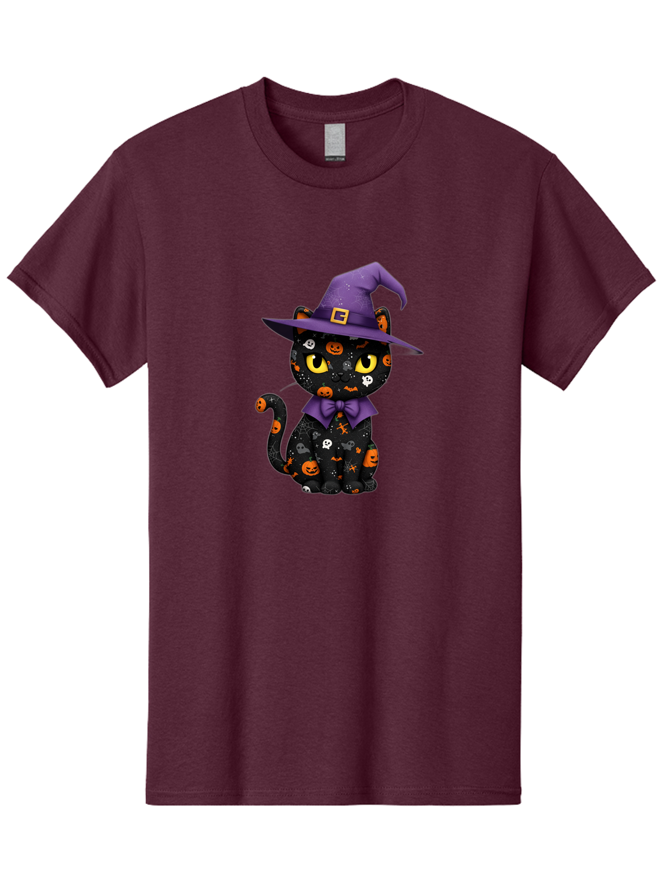 Halloween-Cat Men'S Graphic Tee, 100% Cotton, Comfortable Casual Summer Wear, Machine Washable, Black Cat With Halloween Design, Witch Hat, Purple Bow Tie, Halloween Decorations, Jack-O-Lanterns, Spooky Atmosphere, Halloween Theme, Bad176