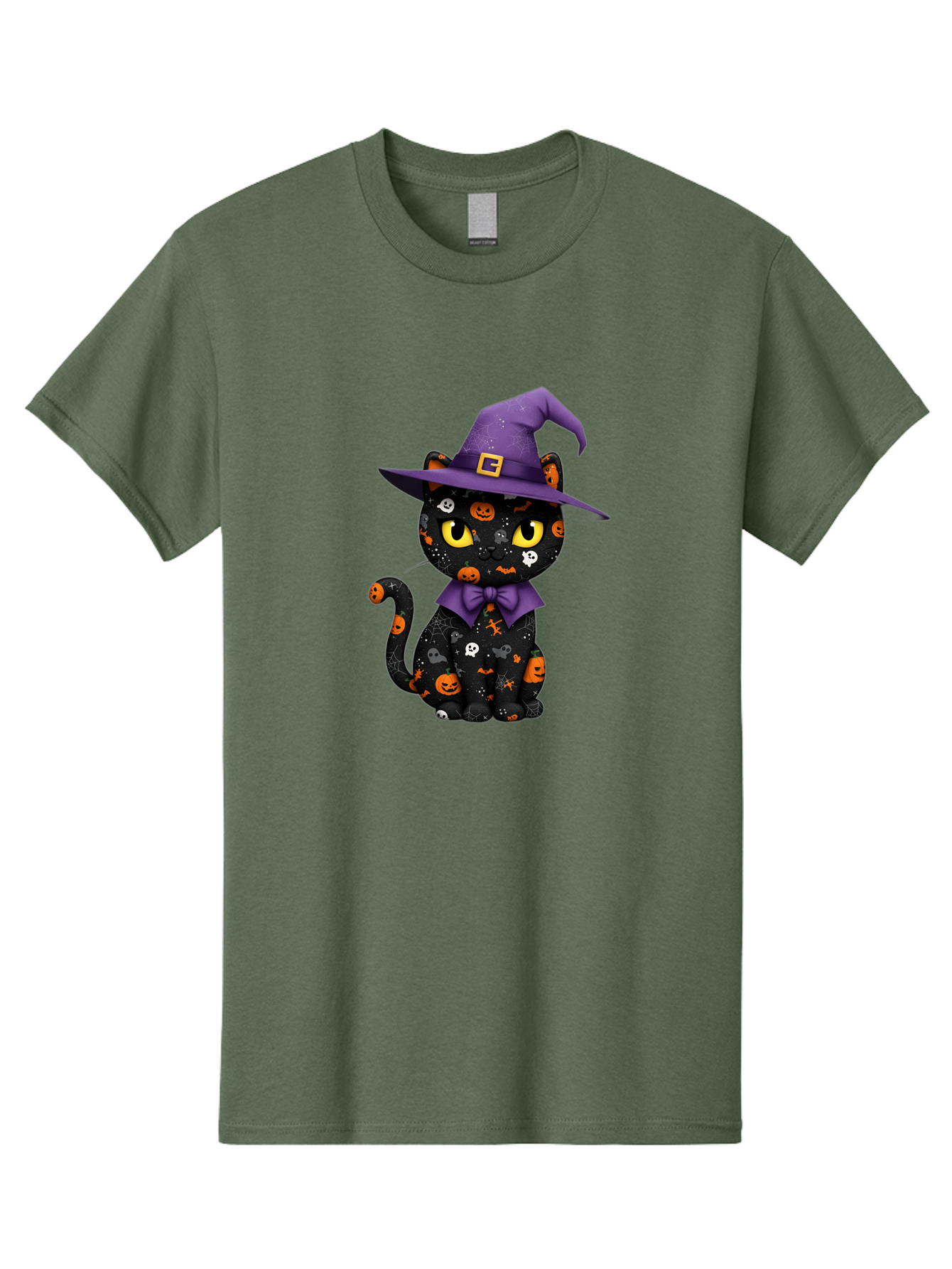 Halloween-Cat Men'S Graphic Tee, 100% Cotton, Comfortable Casual Summer Wear, Machine Washable, Black Cat With Halloween Design, Witch Hat, Purple Bow Tie, Halloween Decorations, Jack-O-Lanterns, Spooky Atmosphere, Halloween Theme, Bad176