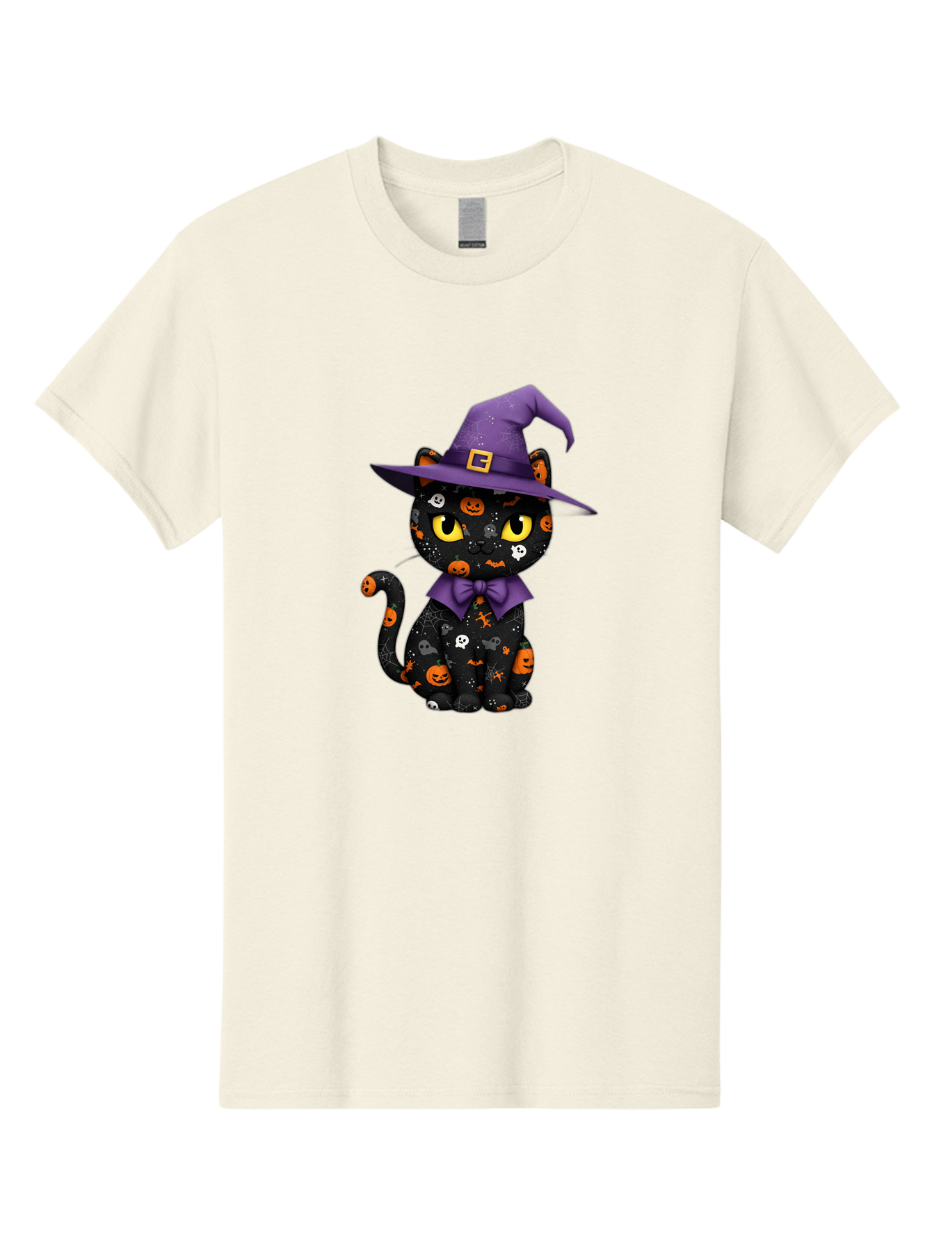 Halloween-Cat Men'S Graphic Tee, 100% Cotton, Comfortable Casual Summer Wear, Machine Washable, Black Cat With Halloween Design, Witch Hat, Purple Bow Tie, Halloween Decorations, Jack-O-Lanterns, Spooky Atmosphere, Halloween Theme, Bad176