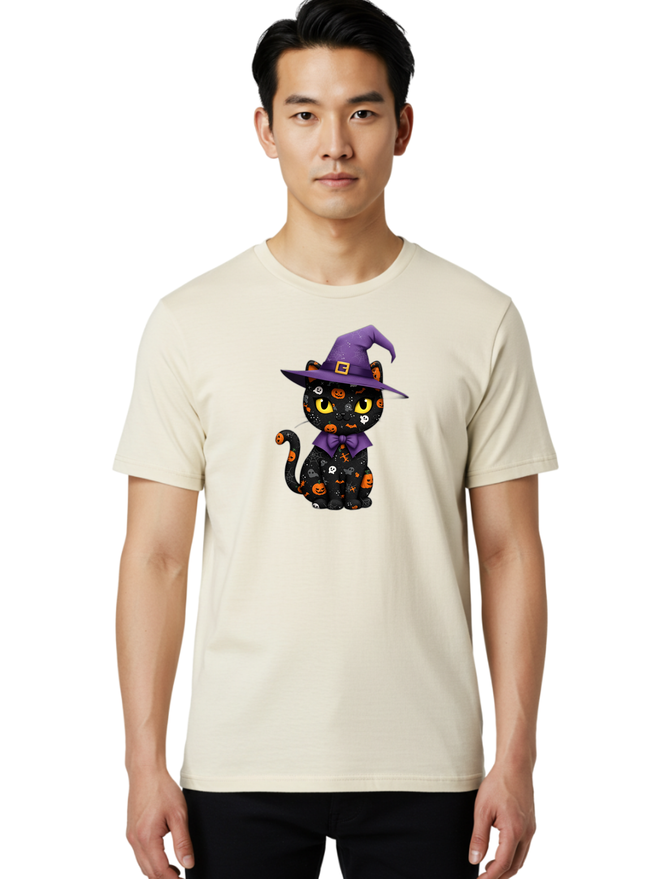 Halloween-Cat Men'S Graphic Tee, 100% Cotton, Comfortable Casual Summer Wear, Machine Washable, Black Cat With Halloween Design, Witch Hat, Purple Bow Tie, Halloween Decorations, Jack-O-Lanterns, Spooky Atmosphere, Halloween Theme, Bad176