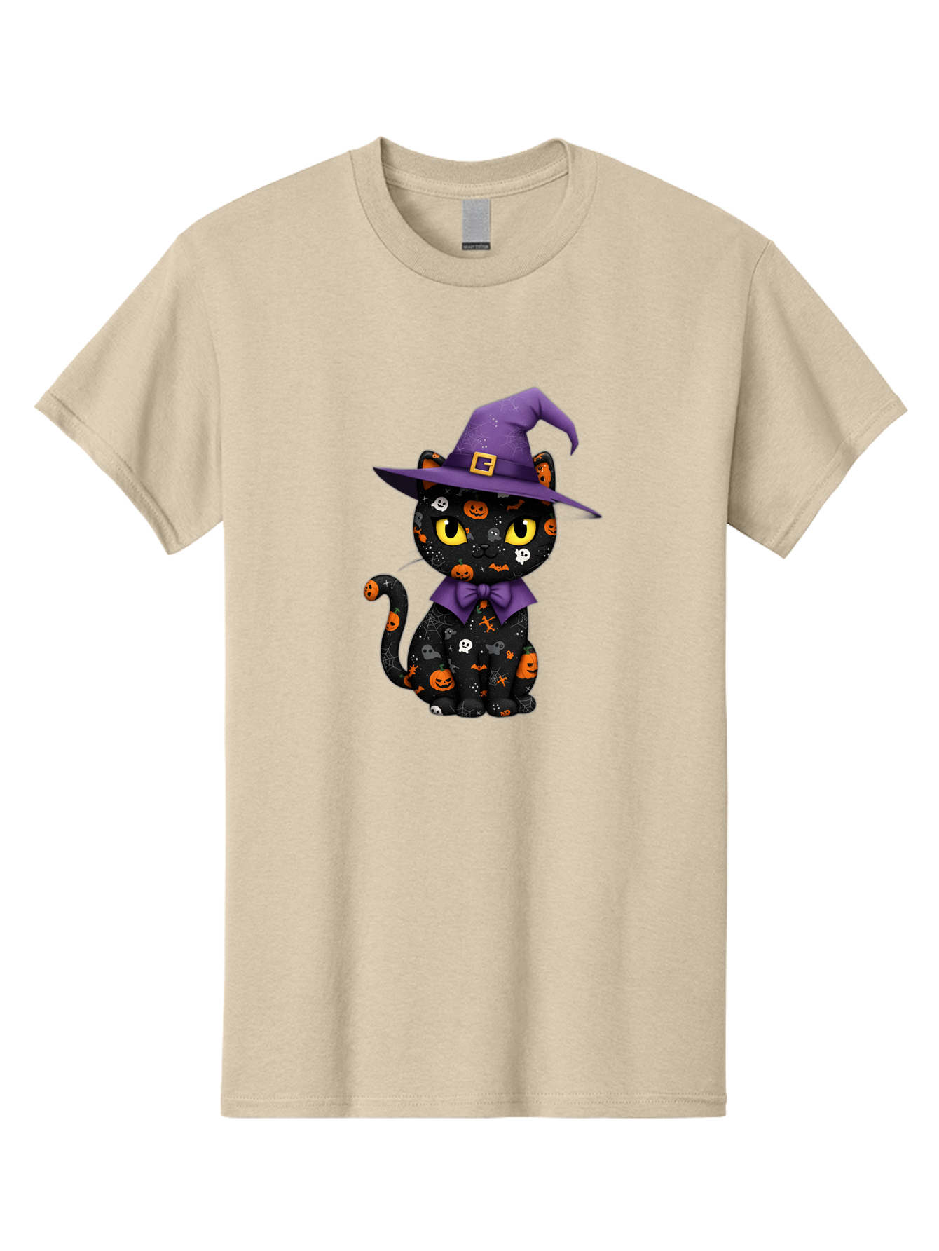 Halloween-Cat Men'S Graphic Tee, 100% Cotton, Comfortable Casual Summer Wear, Machine Washable, Black Cat With Halloween Design, Witch Hat, Purple Bow Tie, Halloween Decorations, Jack-O-Lanterns, Spooky Atmosphere, Halloween Theme, Bad176