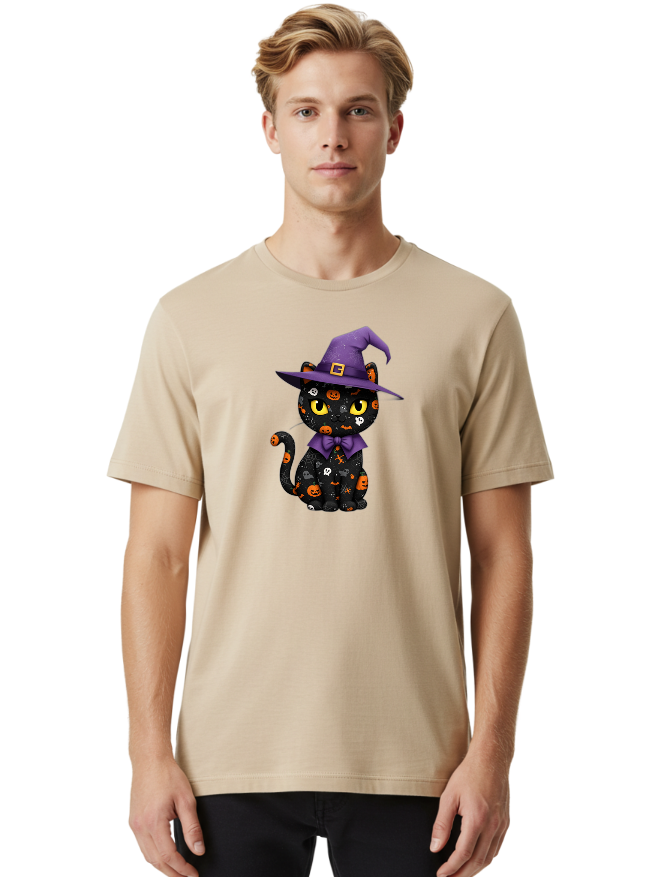 Halloween-Cat Men'S Graphic Tee, 100% Cotton, Comfortable Casual Summer Wear, Machine Washable, Black Cat With Halloween Design, Witch Hat, Purple Bow Tie, Halloween Decorations, Jack-O-Lanterns, Spooky Atmosphere, Halloween Theme, Bad176