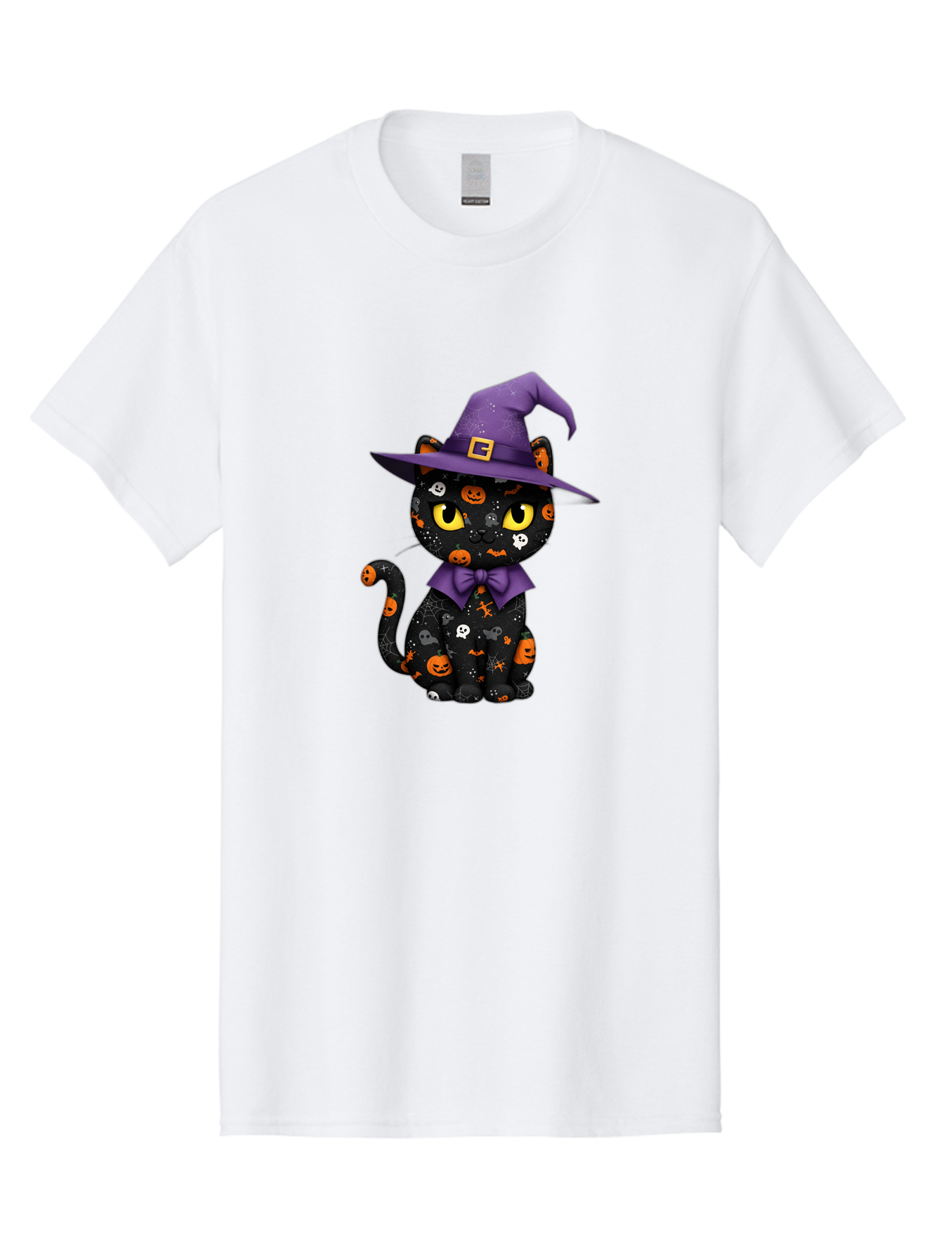 Halloween-Cat Men'S Graphic Tee, 100% Cotton, Comfortable Casual Summer Wear, Machine Washable, Black Cat With Halloween Design, Witch Hat, Purple Bow Tie, Halloween Decorations, Jack-O-Lanterns, Spooky Atmosphere, Halloween Theme, Bad176