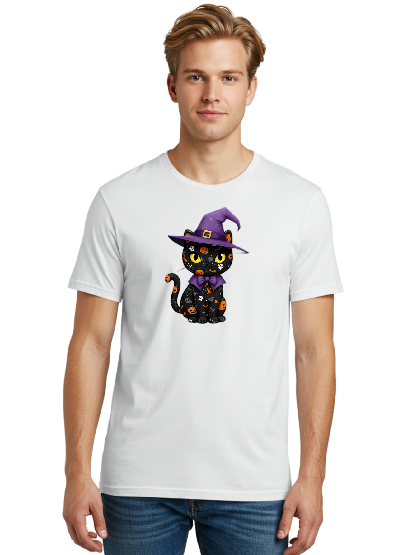 Halloween-Cat Men'S Graphic Tee, 100% Cotton, Comfortable Casual Summer Wear, Machine Washable, Black Cat With Halloween Design, Witch Hat, Purple Bow Tie, Halloween Decorations, Jack-O-Lanterns, Spooky Atmosphere, Halloween Theme, Bad176