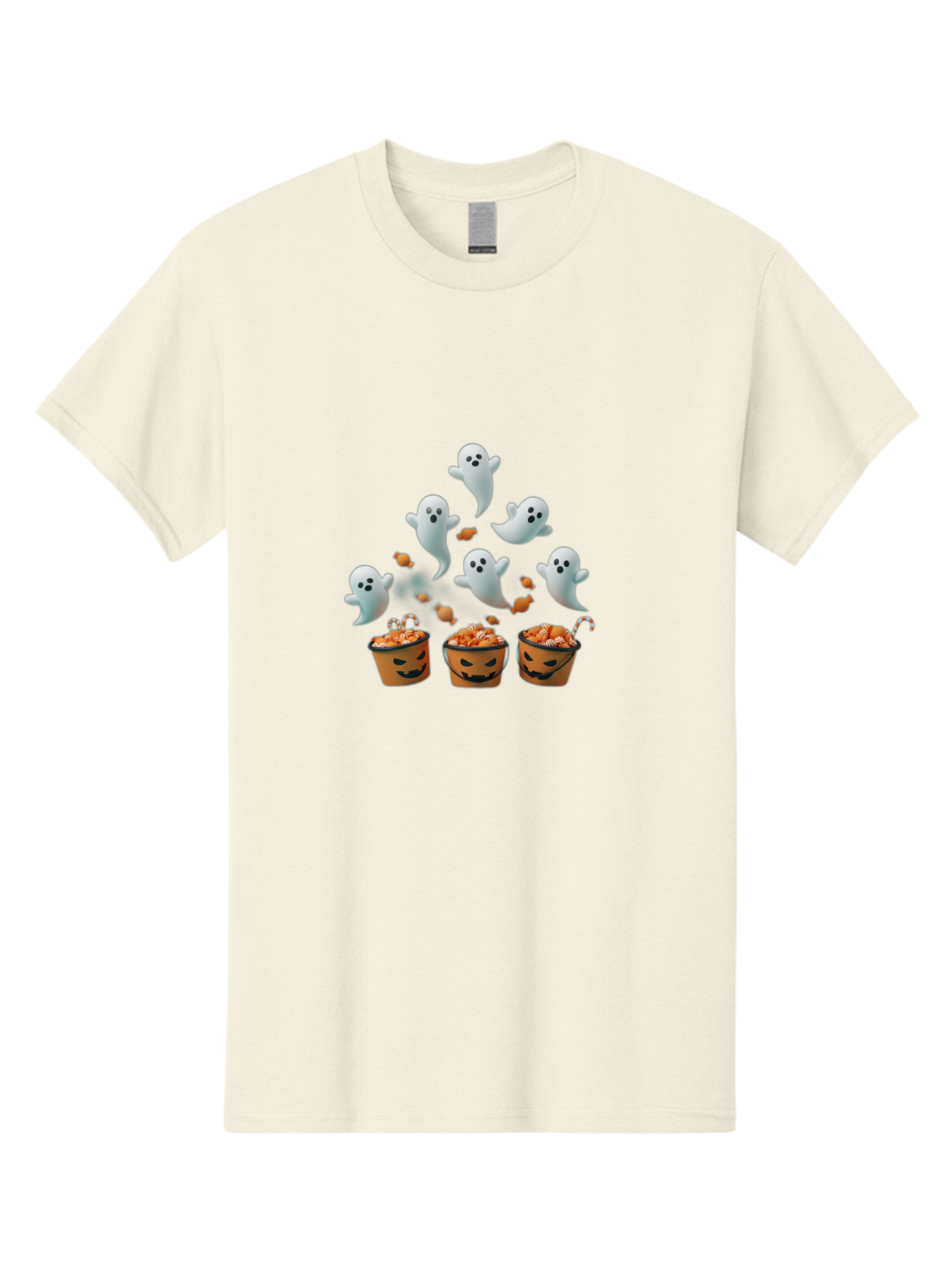 Halloween-Ghosts-With-Candy Men'S Graphic Tee, 100% Cotton, Comfortable Casual Summer Wear, Machine Washable, Halloween Ghosts, Spooky Scene, Trick Or Treat Buckets, Candy Treats, Playful Jack-O-Lanterns, Halloween Sweets, Bad177