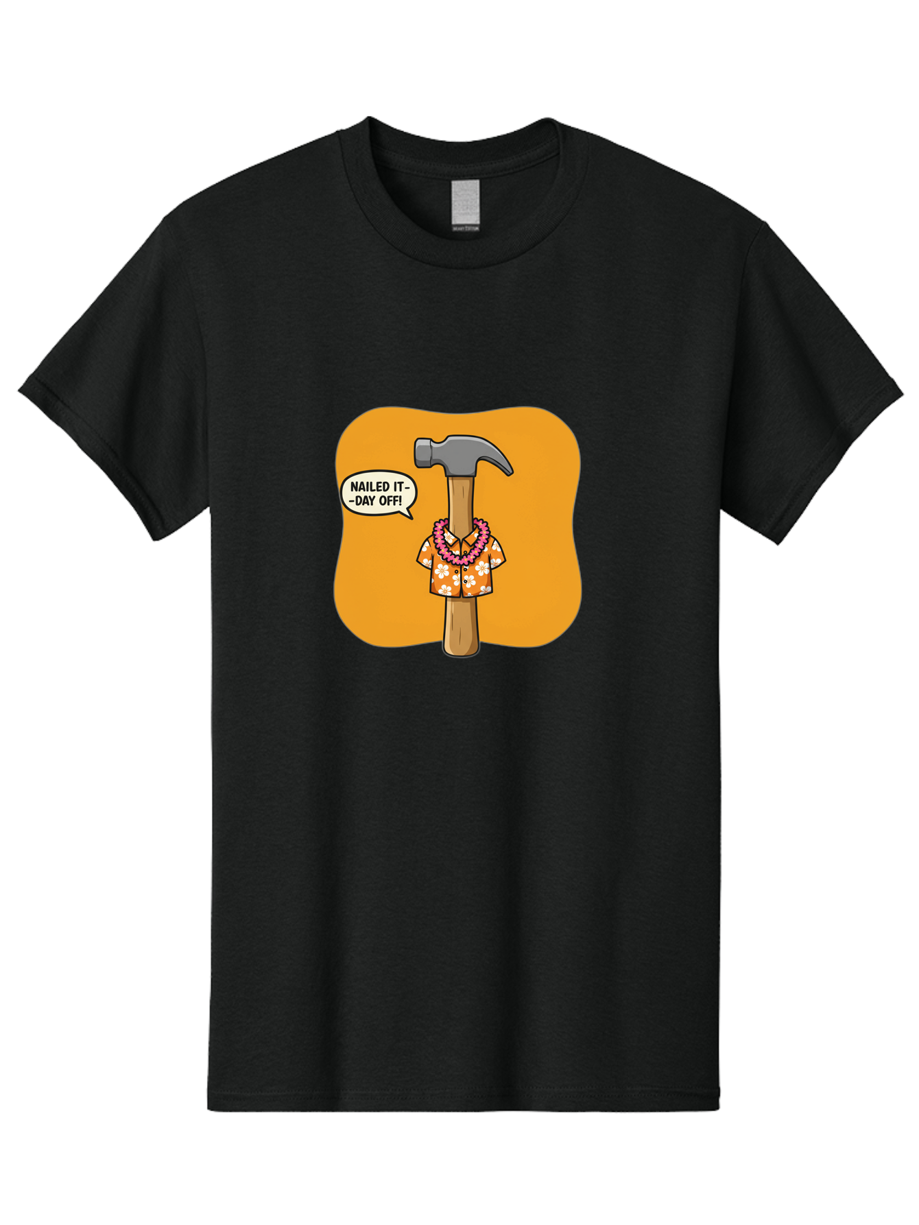 Hammer-In-Hawaiian-Shirt Men'S Graphic Tee, 100% Cotton, Comfortable Casual Summer Wear, Machine Washable, Funny Cartoon Hammer, Hawaiian Shirt, Leis, Humorous Expression, Nailed It-Day Off!, Cartoon Character, Comical Illustration, Bad180