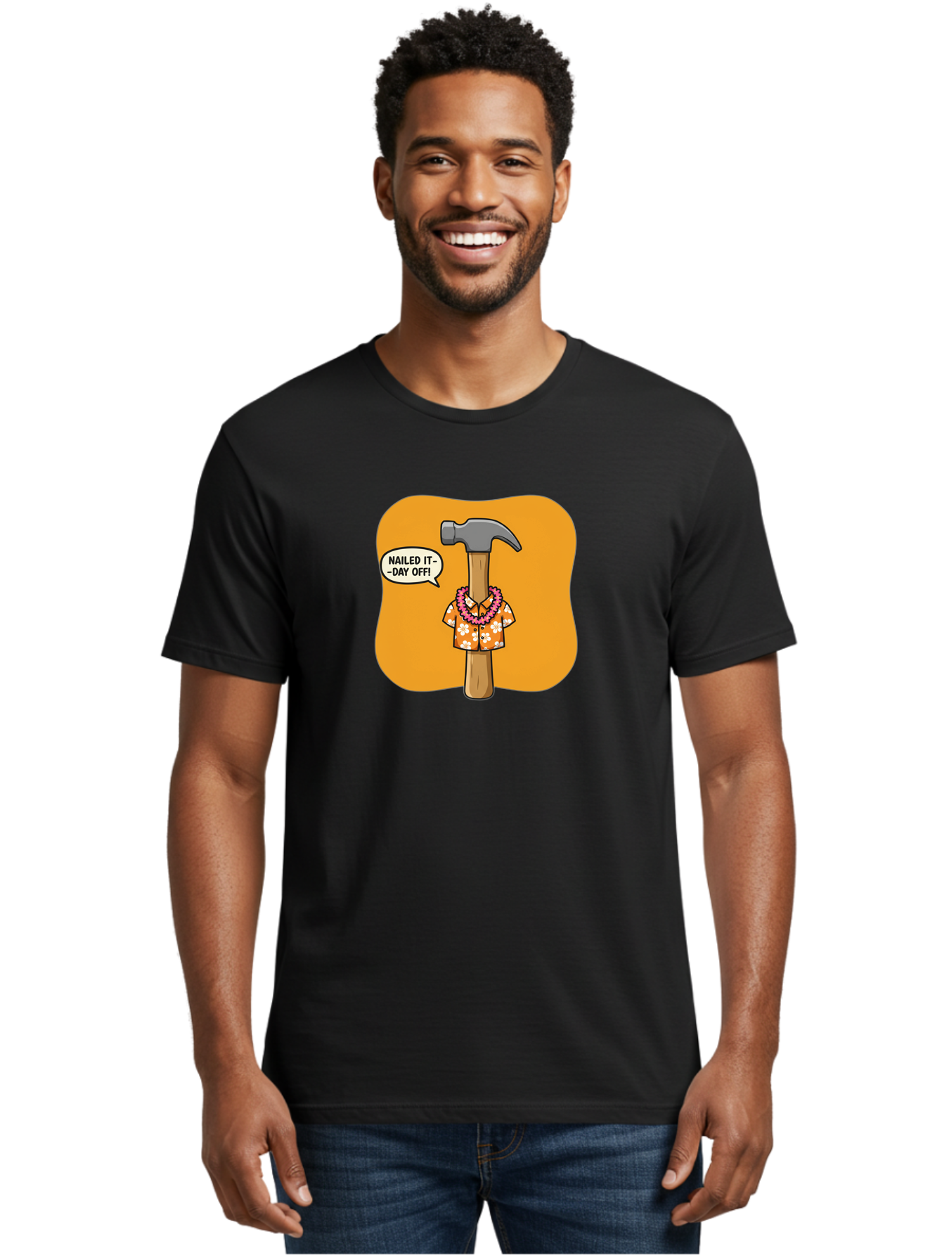 Hammer-In-Hawaiian-Shirt Men'S Graphic Tee, 100% Cotton, Comfortable Casual Summer Wear, Machine Washable, Funny Cartoon Hammer, Hawaiian Shirt, Leis, Humorous Expression, Nailed It-Day Off!, Cartoon Character, Comical Illustration, Bad180