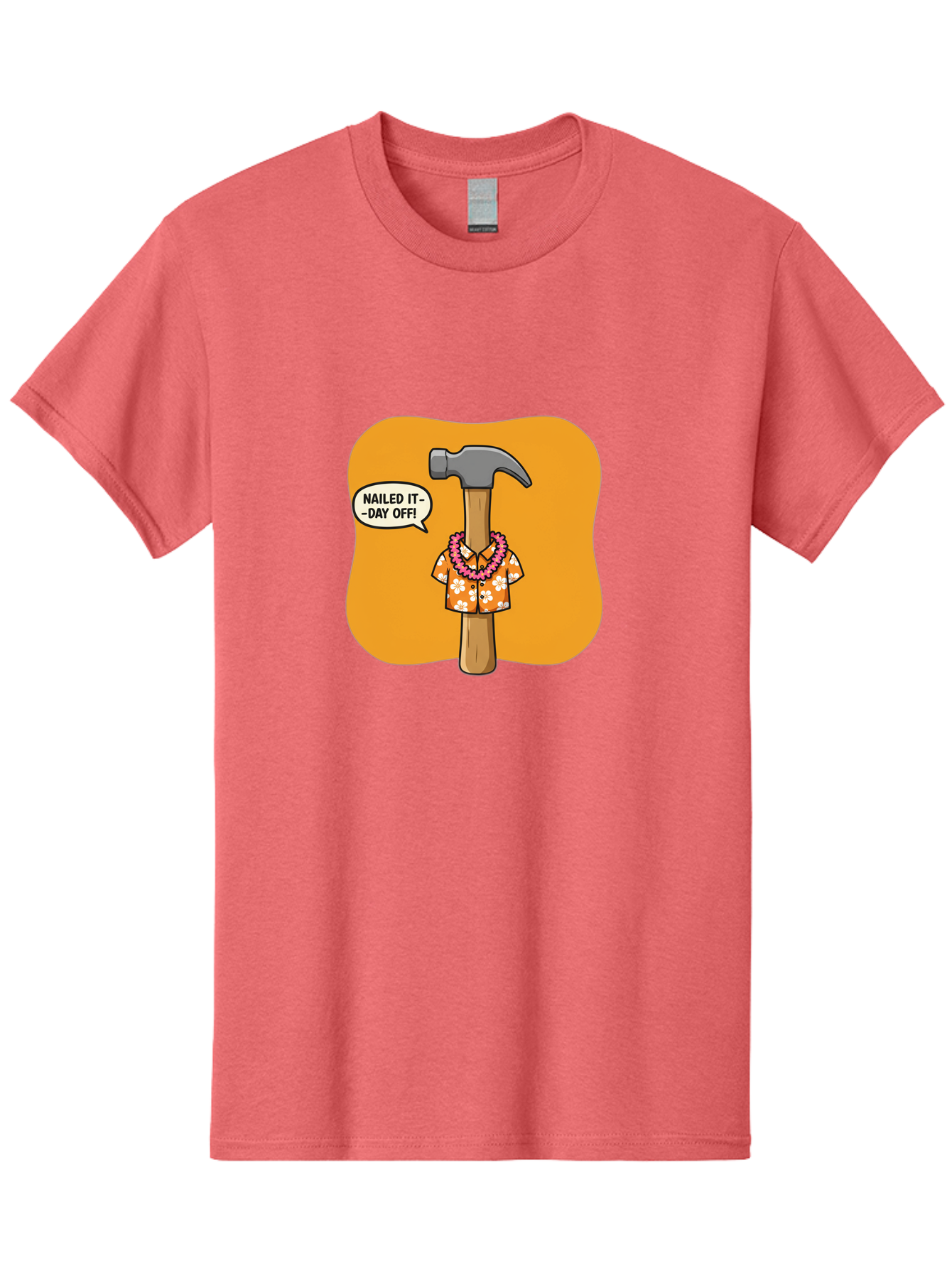 Hammer-In-Hawaiian-Shirt Men'S Graphic Tee, 100% Cotton, Comfortable Casual Summer Wear, Machine Washable, Funny Cartoon Hammer, Hawaiian Shirt, Leis, Humorous Expression, Nailed It-Day Off!, Cartoon Character, Comical Illustration, Bad180