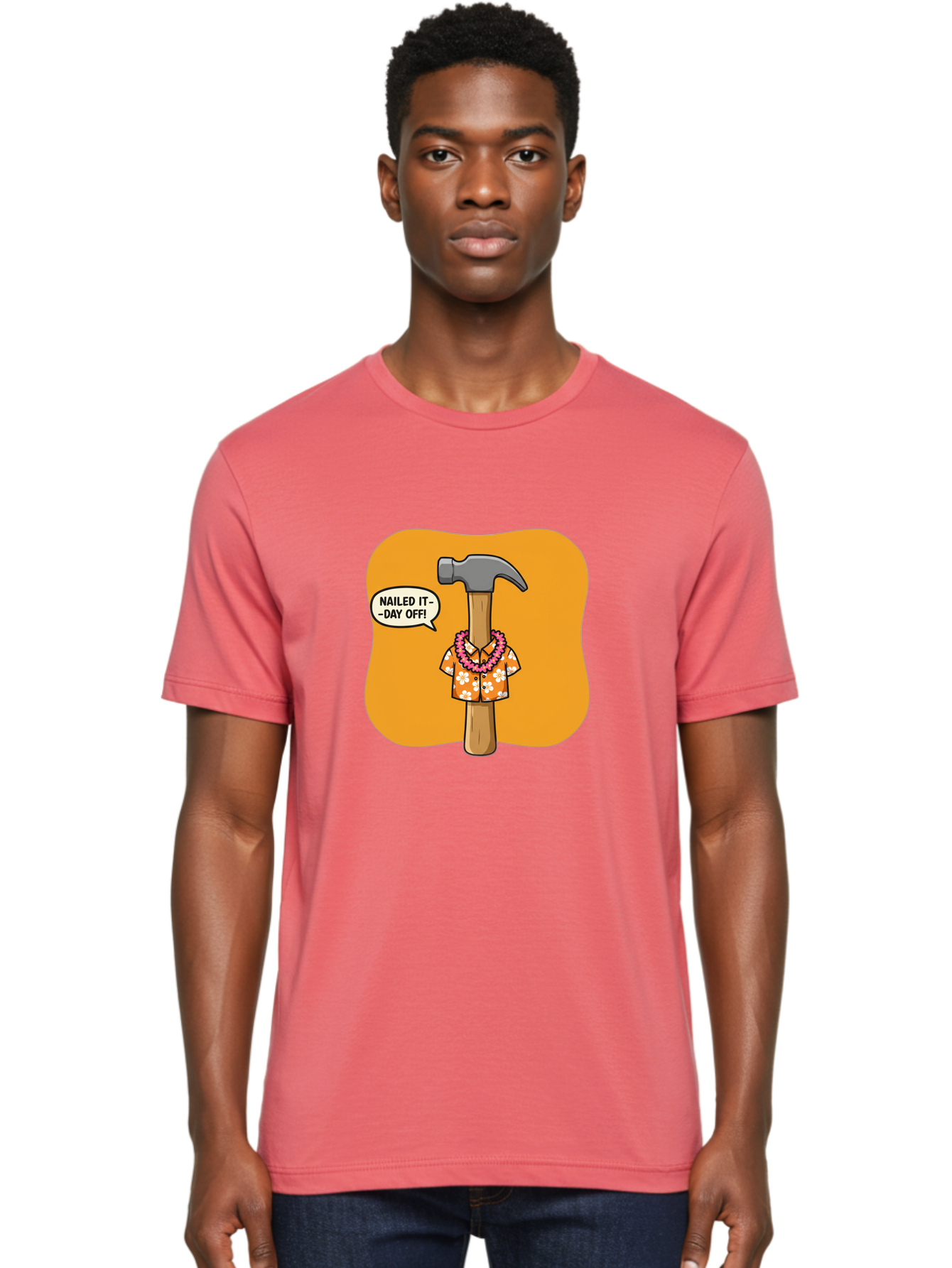 Hammer-In-Hawaiian-Shirt Men'S Graphic Tee, 100% Cotton, Comfortable Casual Summer Wear, Machine Washable, Funny Cartoon Hammer, Hawaiian Shirt, Leis, Humorous Expression, Nailed It-Day Off!, Cartoon Character, Comical Illustration, Bad180