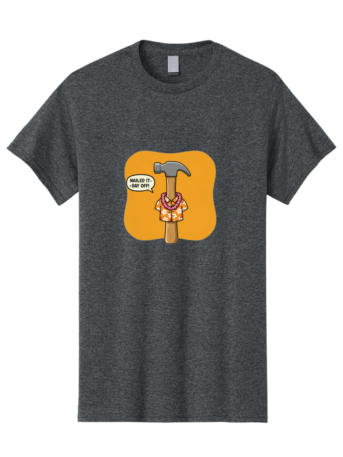 Hammer-In-Hawaiian-Shirt Men'S Graphic Tee, 100% Cotton, Comfortable Casual Summer Wear, Machine Washable, Funny Cartoon Hammer, Hawaiian Shirt, Leis, Humorous Expression, Nailed It-Day Off!, Cartoon Character, Comical Illustration, Bad180