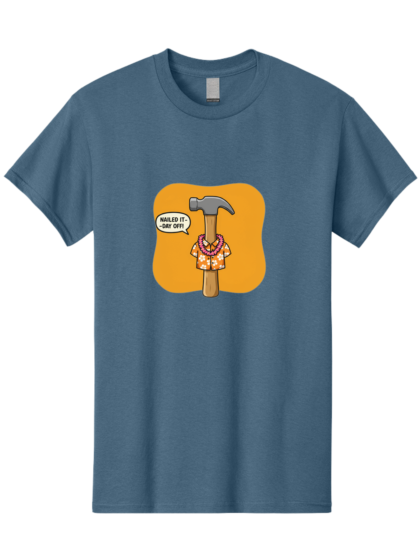 Hammer-In-Hawaiian-Shirt Men'S Graphic Tee, 100% Cotton, Comfortable Casual Summer Wear, Machine Washable, Funny Cartoon Hammer, Hawaiian Shirt, Leis, Humorous Expression, Nailed It-Day Off!, Cartoon Character, Comical Illustration, Bad180