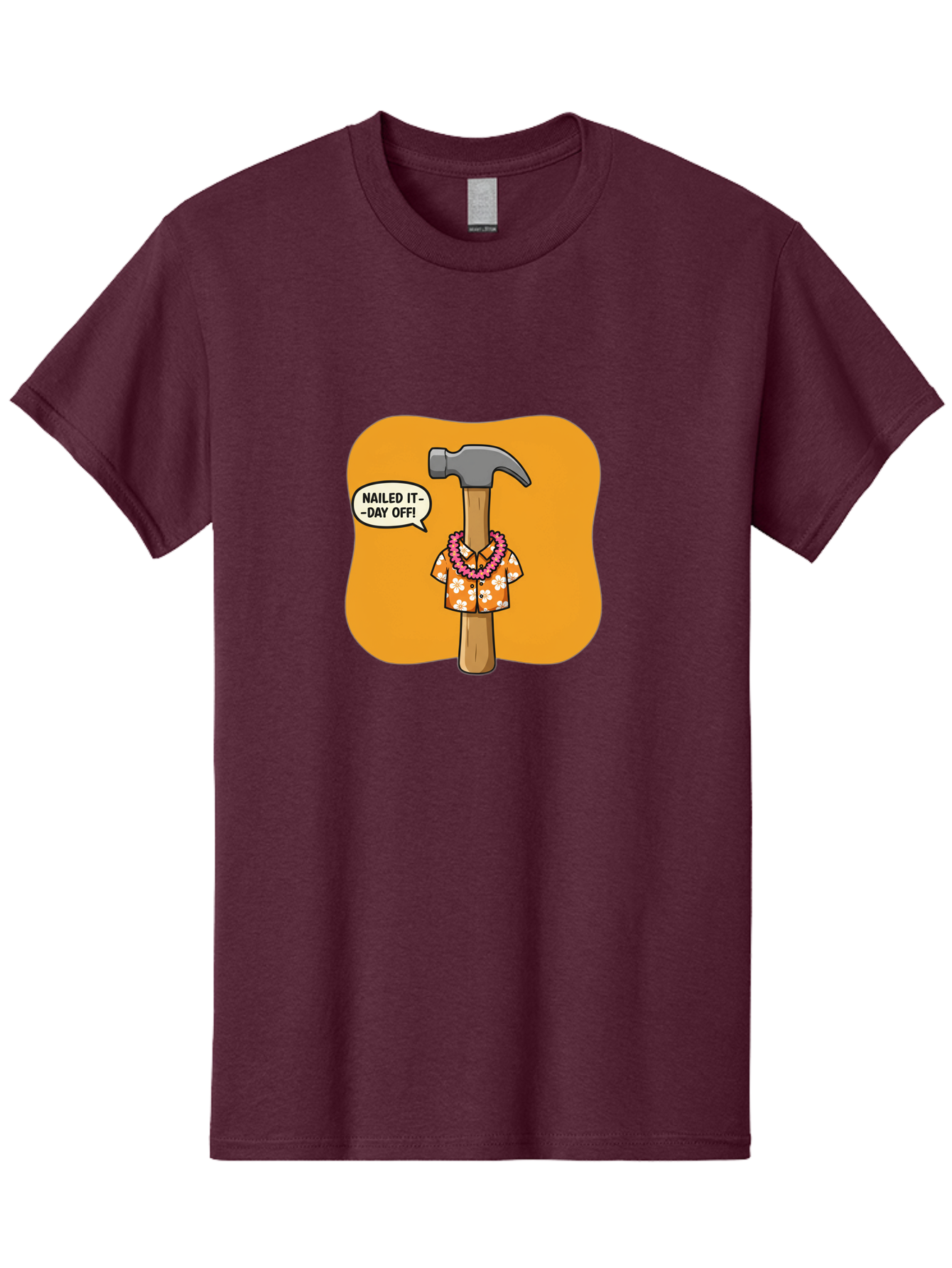 Hammer-In-Hawaiian-Shirt Men'S Graphic Tee, 100% Cotton, Comfortable Casual Summer Wear, Machine Washable, Funny Cartoon Hammer, Hawaiian Shirt, Leis, Humorous Expression, Nailed It-Day Off!, Cartoon Character, Comical Illustration, Bad180