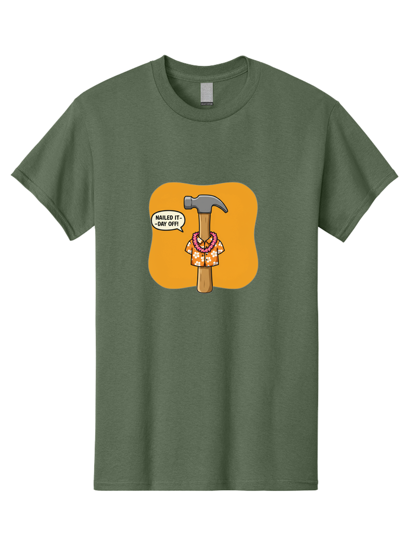 Hammer-In-Hawaiian-Shirt Men'S Graphic Tee, 100% Cotton, Comfortable Casual Summer Wear, Machine Washable, Funny Cartoon Hammer, Hawaiian Shirt, Leis, Humorous Expression, Nailed It-Day Off!, Cartoon Character, Comical Illustration, Bad180