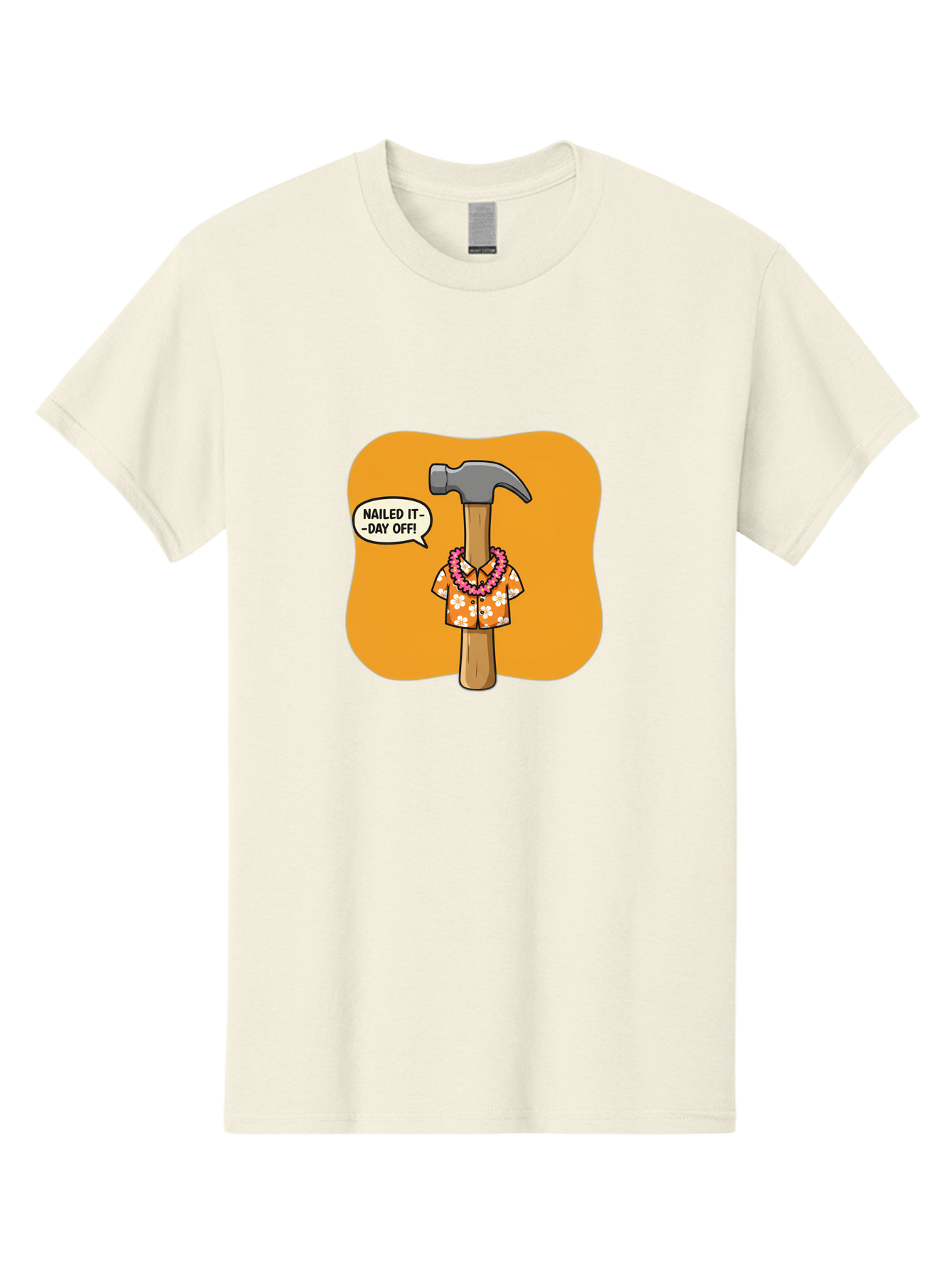 Hammer-In-Hawaiian-Shirt Men'S Graphic Tee, 100% Cotton, Comfortable Casual Summer Wear, Machine Washable, Funny Cartoon Hammer, Hawaiian Shirt, Leis, Humorous Expression, Nailed It-Day Off!, Cartoon Character, Comical Illustration, Bad180