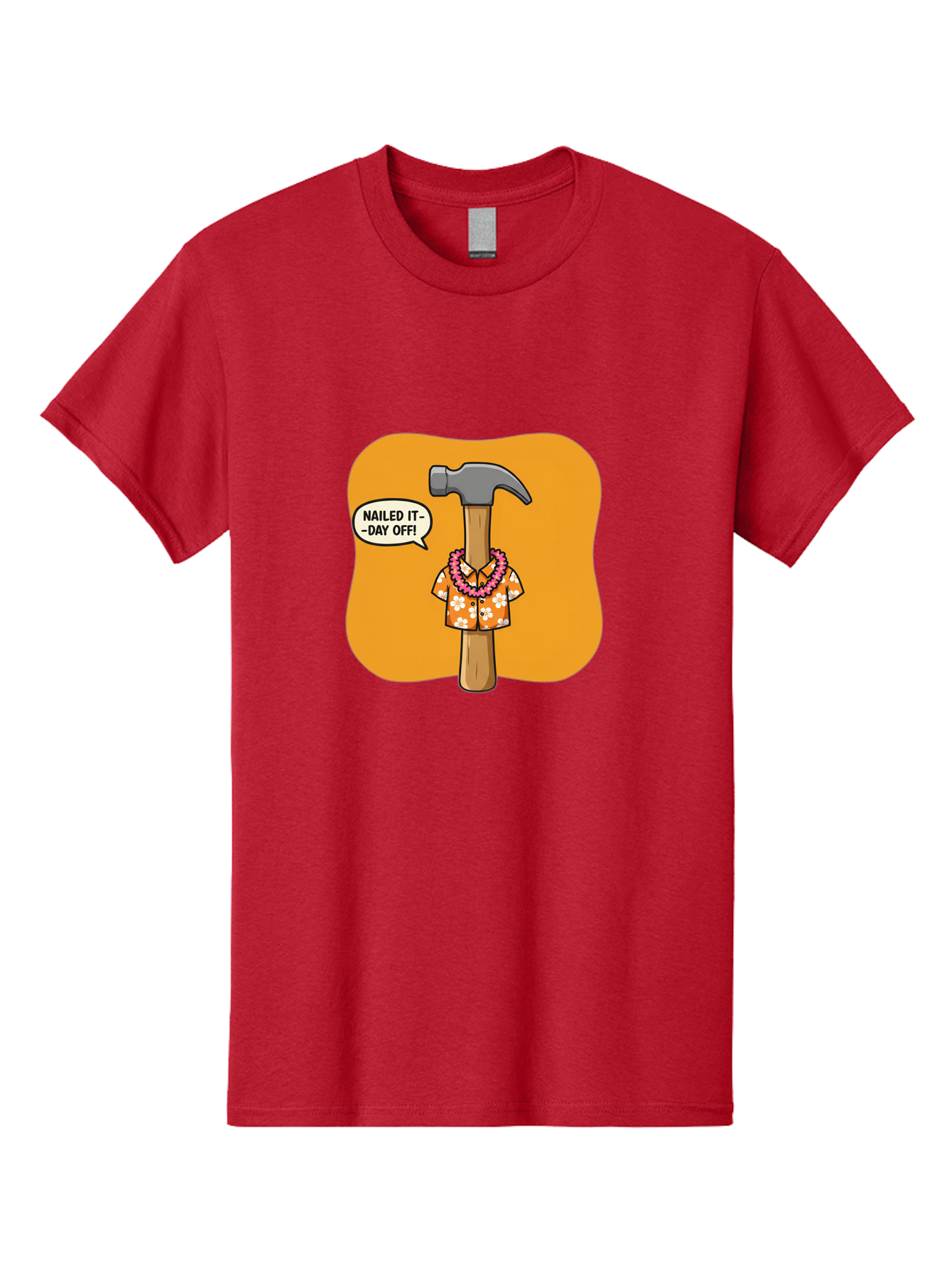 Hammer-In-Hawaiian-Shirt Men'S Graphic Tee, 100% Cotton, Comfortable Casual Summer Wear, Machine Washable, Funny Cartoon Hammer, Hawaiian Shirt, Leis, Humorous Expression, Nailed It-Day Off!, Cartoon Character, Comical Illustration, Bad180