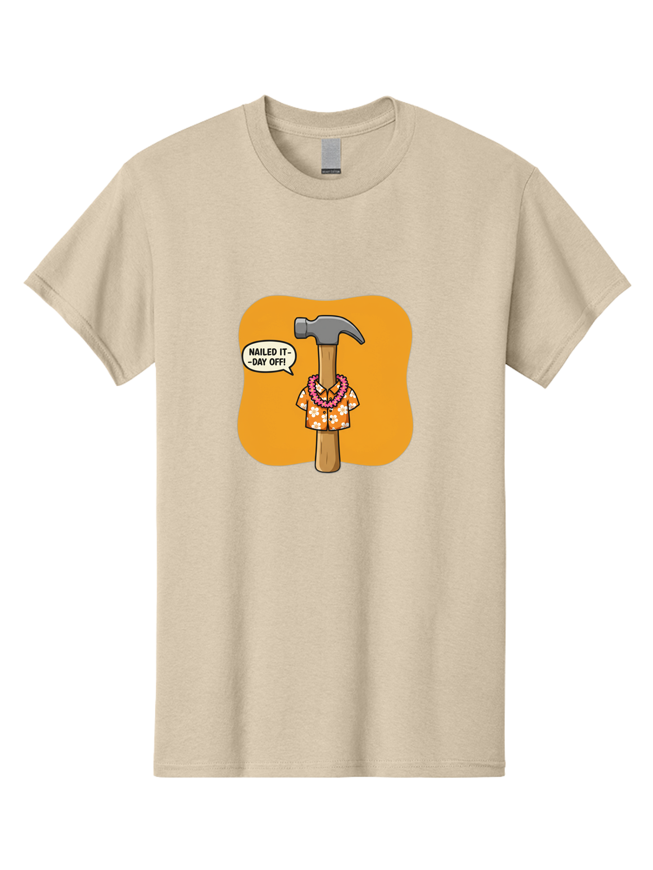 Hammer-In-Hawaiian-Shirt Men'S Graphic Tee, 100% Cotton, Comfortable Casual Summer Wear, Machine Washable, Funny Cartoon Hammer, Hawaiian Shirt, Leis, Humorous Expression, Nailed It-Day Off!, Cartoon Character, Comical Illustration, Bad180