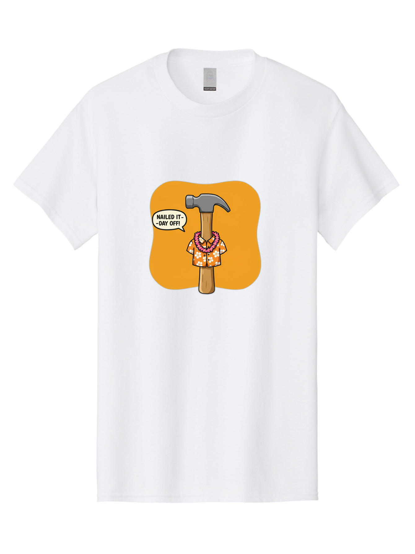 Hammer-In-Hawaiian-Shirt Men'S Graphic Tee, 100% Cotton, Comfortable Casual Summer Wear, Machine Washable, Funny Cartoon Hammer, Hawaiian Shirt, Leis, Humorous Expression, Nailed It-Day Off!, Cartoon Character, Comical Illustration, Bad180