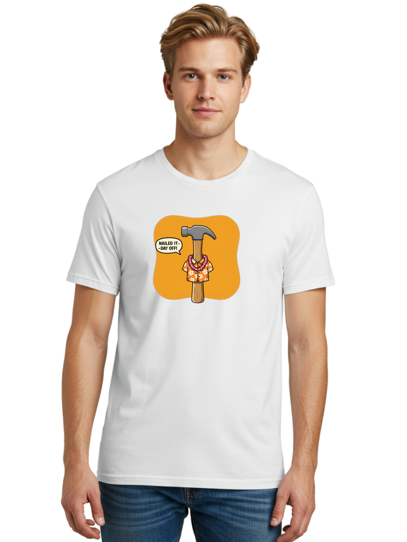 Hammer-In-Hawaiian-Shirt Men'S Graphic Tee, 100% Cotton, Comfortable Casual Summer Wear, Machine Washable, Funny Cartoon Hammer, Hawaiian Shirt, Leis, Humorous Expression, Nailed It-Day Off!, Cartoon Character, Comical Illustration, Bad180