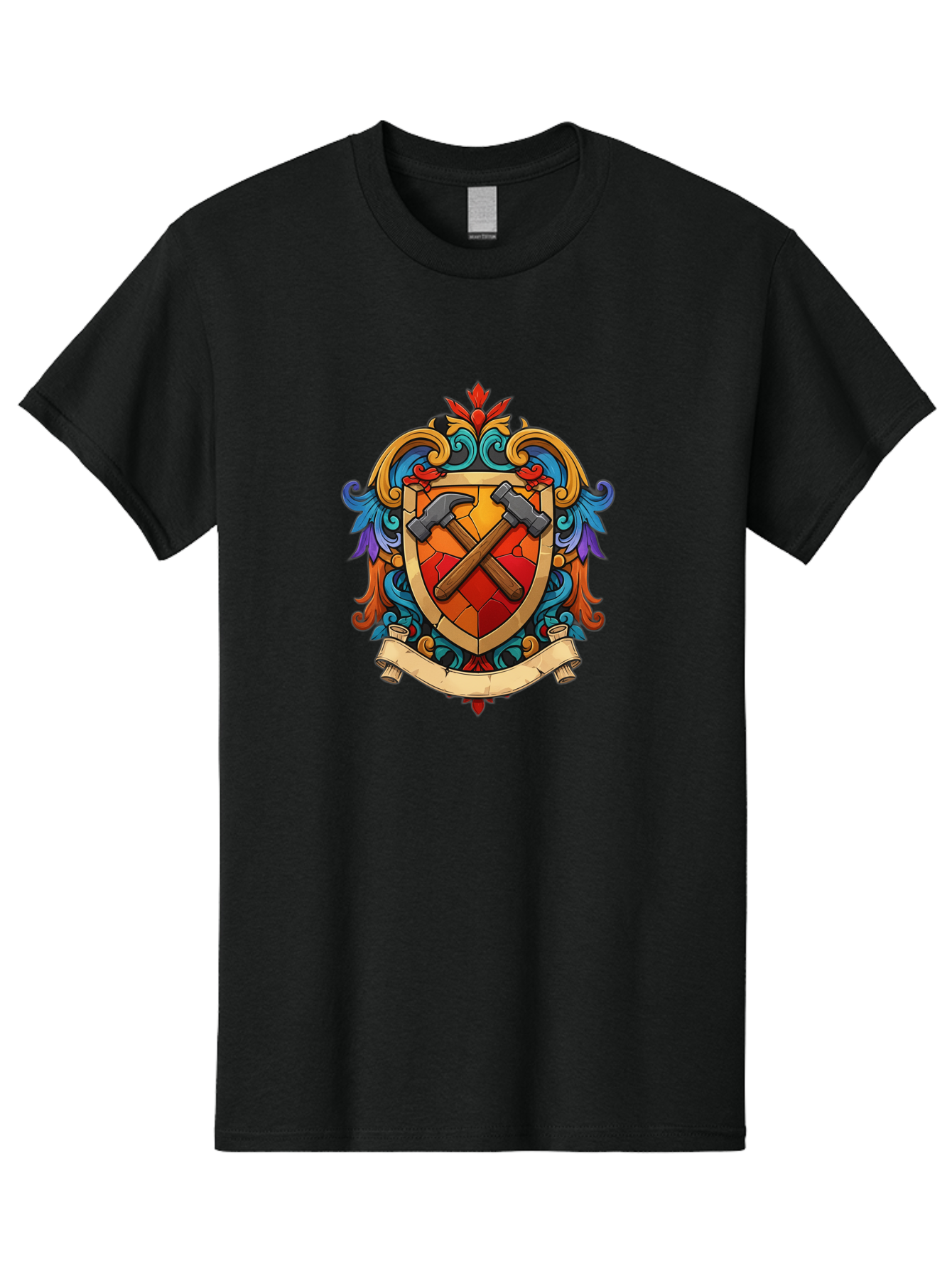 Hammer-Shield-Crest Men'S Graphic Tee, 100% Cotton, Comfortable Casual Summer Wear, Machine Washable, Crossed Hammers, Shield Crest, Ornate Design, Vintage Style, Carpentry Tools, Craftsmanship, Decorative Emblem, Symbolic Logo, Bad181