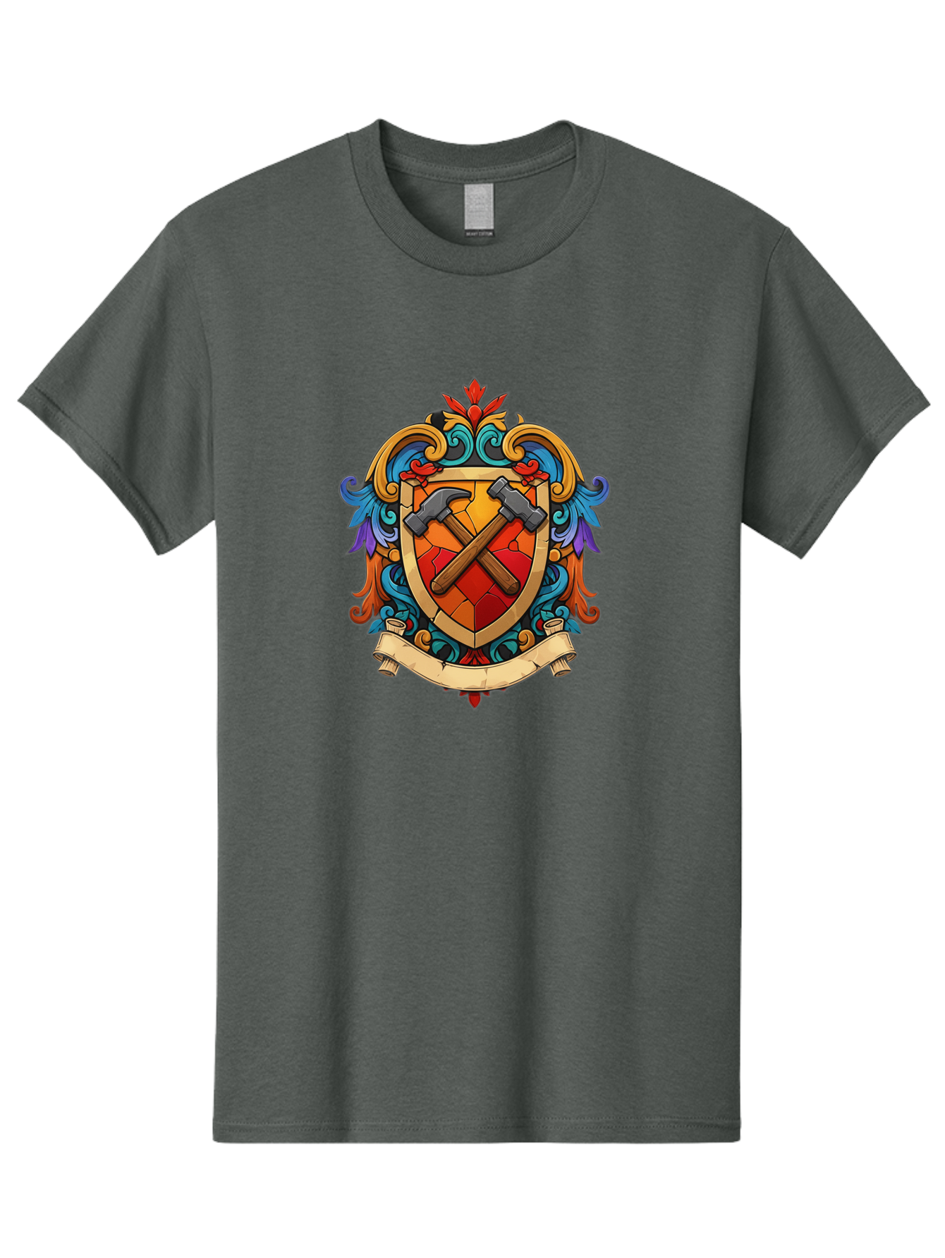 Hammer-Shield-Crest Men'S Graphic Tee, 100% Cotton, Comfortable Casual Summer Wear, Machine Washable, Crossed Hammers, Shield Crest, Ornate Design, Vintage Style, Carpentry Tools, Craftsmanship, Decorative Emblem, Symbolic Logo, Bad181